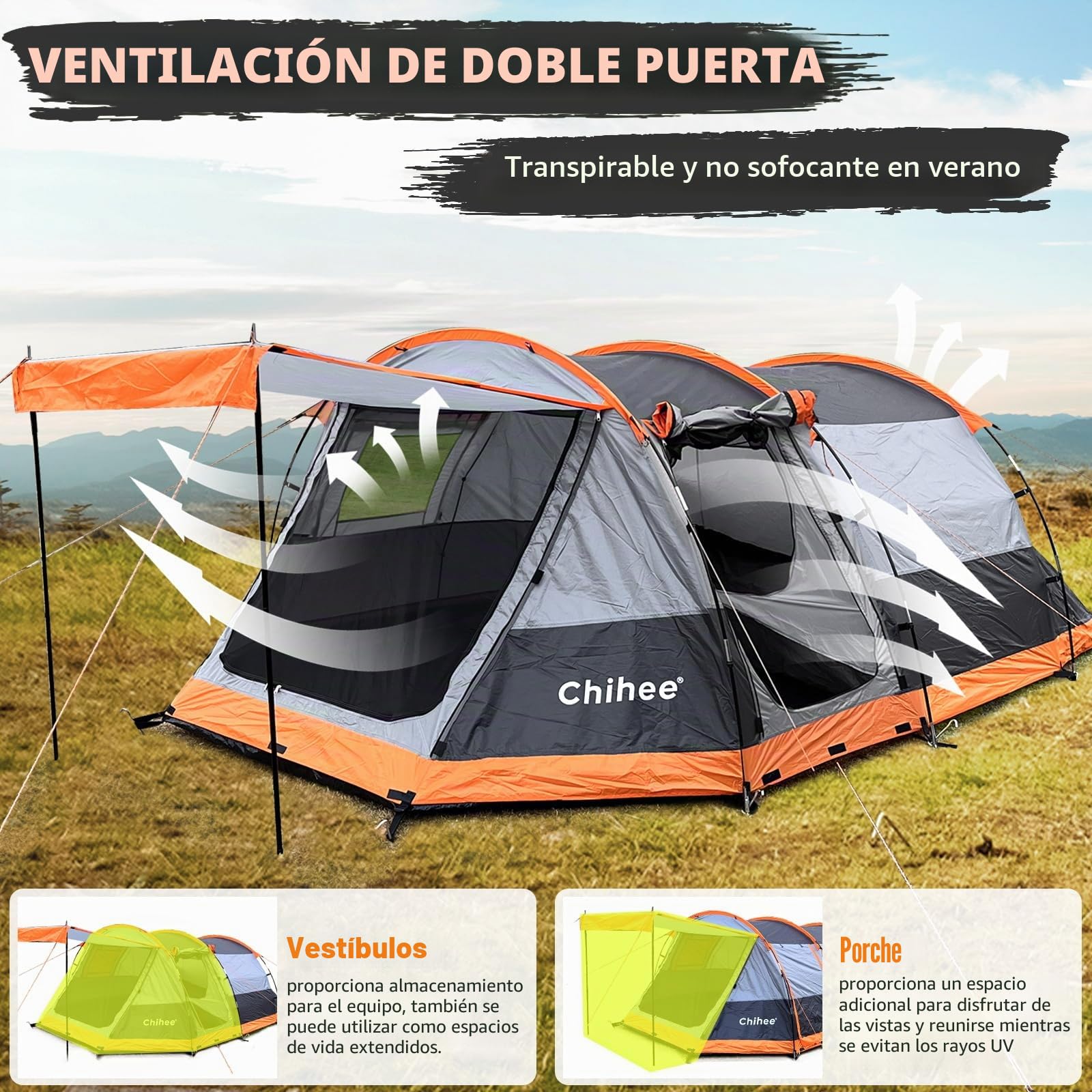 Chihee Tiendas de Camping Tienda Túnel Tienda Familiar 4 Personas con 2 Puertas Tienda de campaña Resistente a la Intemperie Tienda 4 Estaciones Doble Suelo Impermeable Porche con mosquitera Bolsa