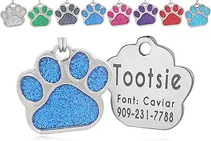 io tags Pet ID Tags, Personalized Dog Tags and Cat Tags, Custom Engraved, Easy to Read, Cute Glitter Paw Pet Tag (Blue)