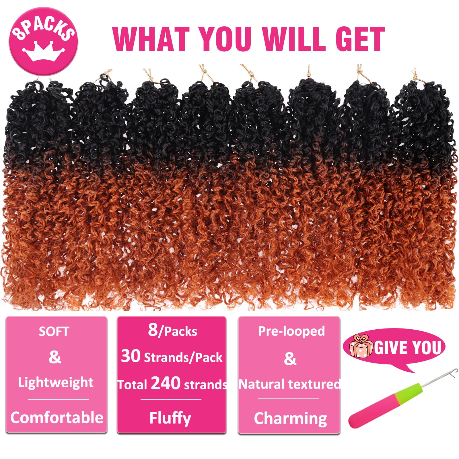 Unionbeauty RS24C# - Pelo de ganchillo pretrenzado de 10 pulgadas, 8 paquetes de pelo corto de ganchillo preenrollado con micro resorte, trenzas de ganchillo sintéticas