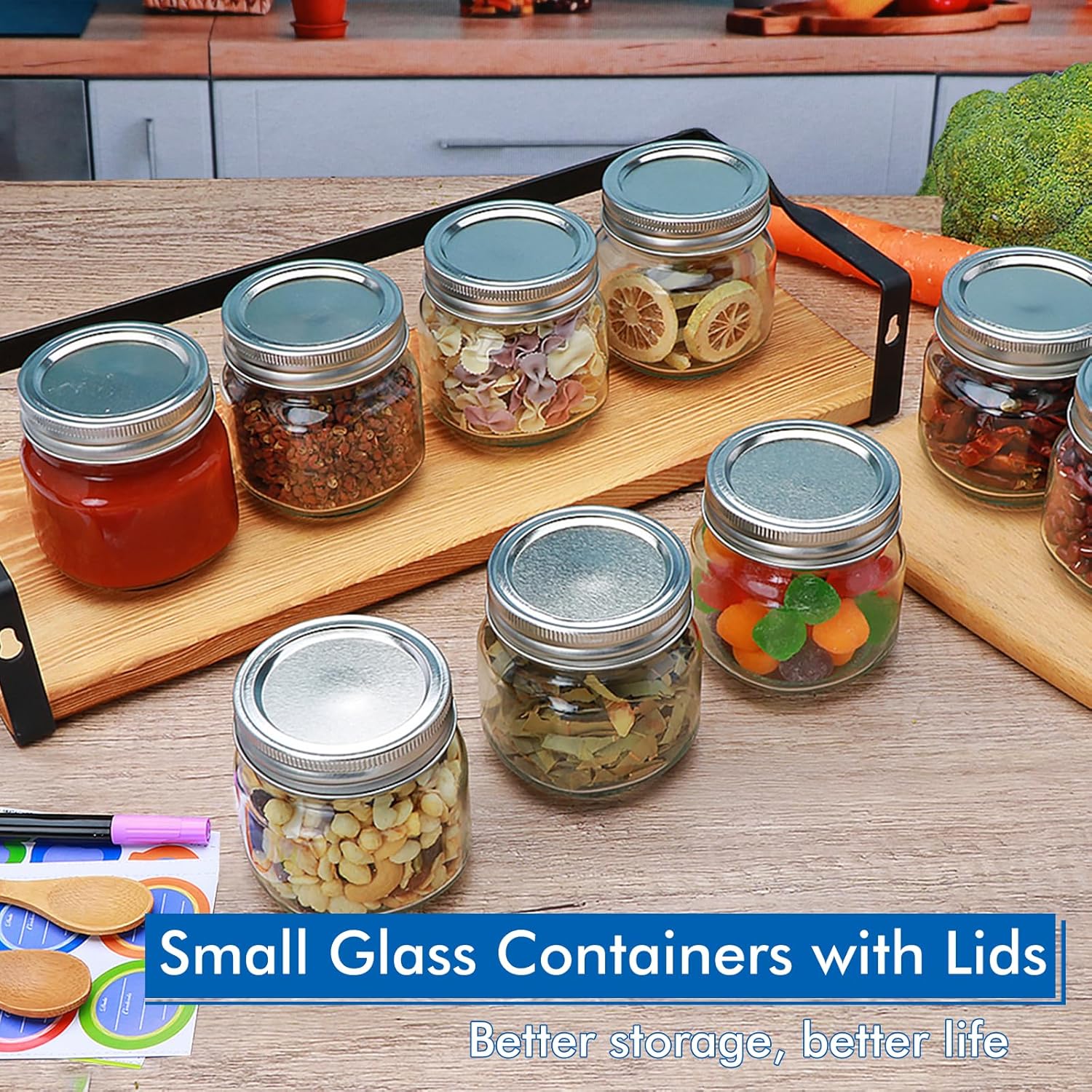 8 oz Mason Jars 30 Pack，Small Glass Containers with Lids，8oz Mason Jars with Lids,Canning Jars,The set includes 1 wooden spoons, 8 stickers, and a purple pen，Ideal for jams, spices, candy - Image 5