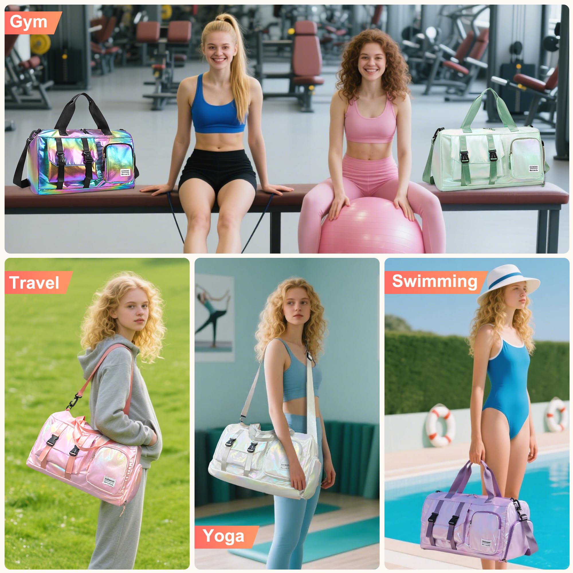 Borsone Palestra Donna Grande Borsone da Viaggio con Tracolla Borsa Piscina Impermeabile Borsa Sportiva con Scomparto Scarpe Borse Danza Leggero per Gym Piscina Nuoto Ginnastica, Bianco