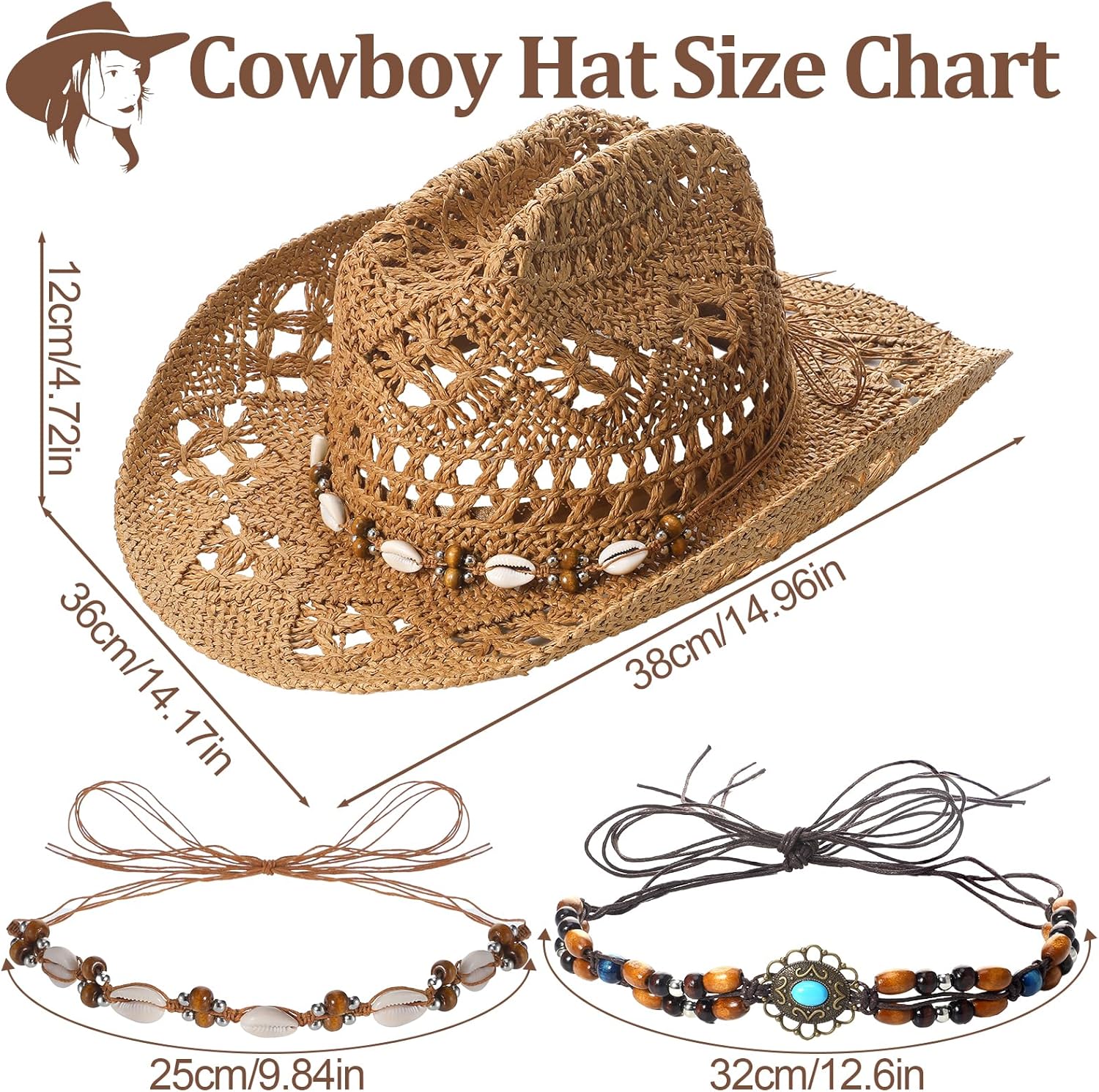 Straw Cowgirl Hat with Two Decorative Bands, Western Wide Brim Straw Cowboy Hat for Women Light Brown