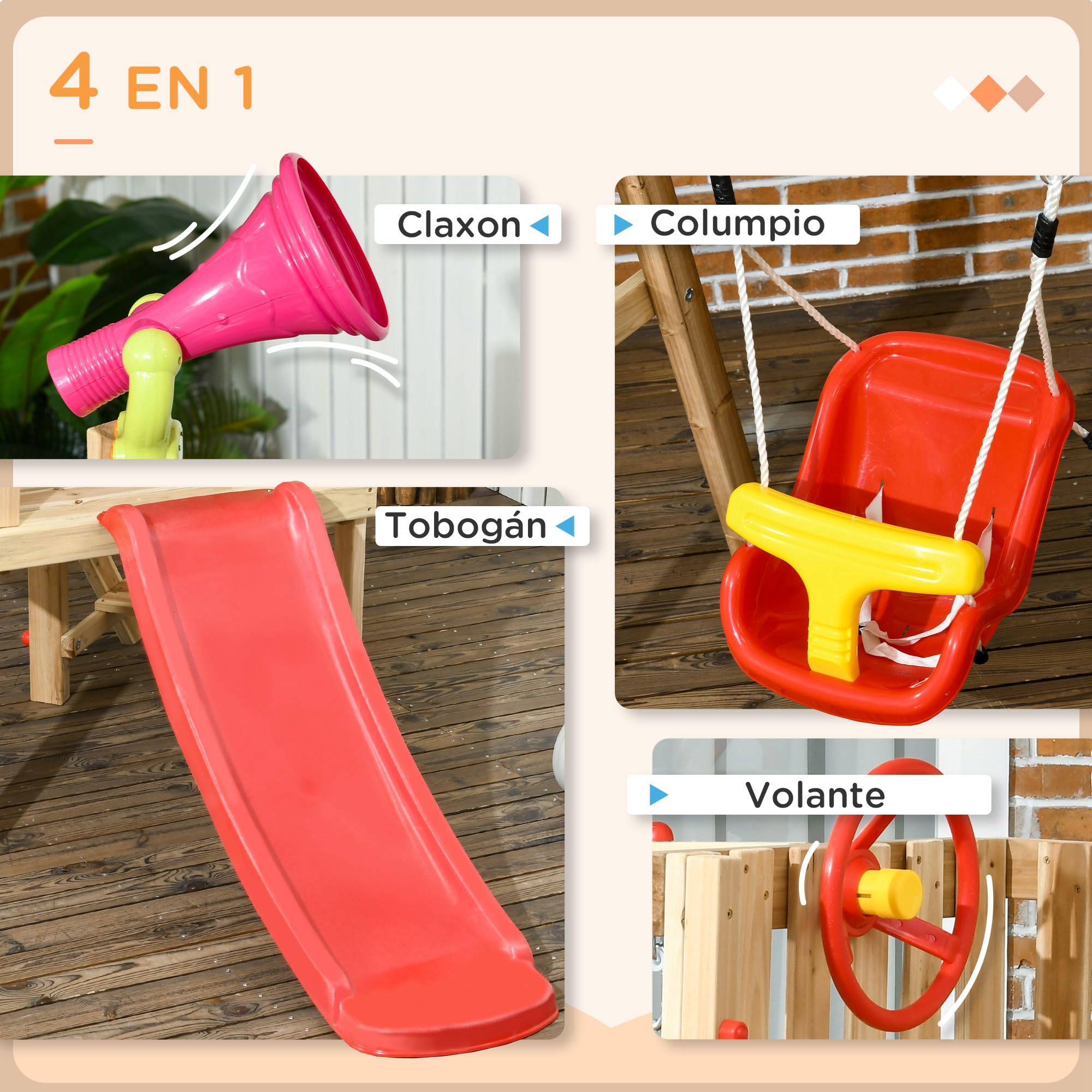 Outsunny Juego de Tobogán y Columpio para Niños de 18-48 Meses 4 en 1 Parque Infantil de Madera con Columpio Tobogán Volante Bocina Teléfono para Patio Césped 170x200x118 cm Rojo y Natural