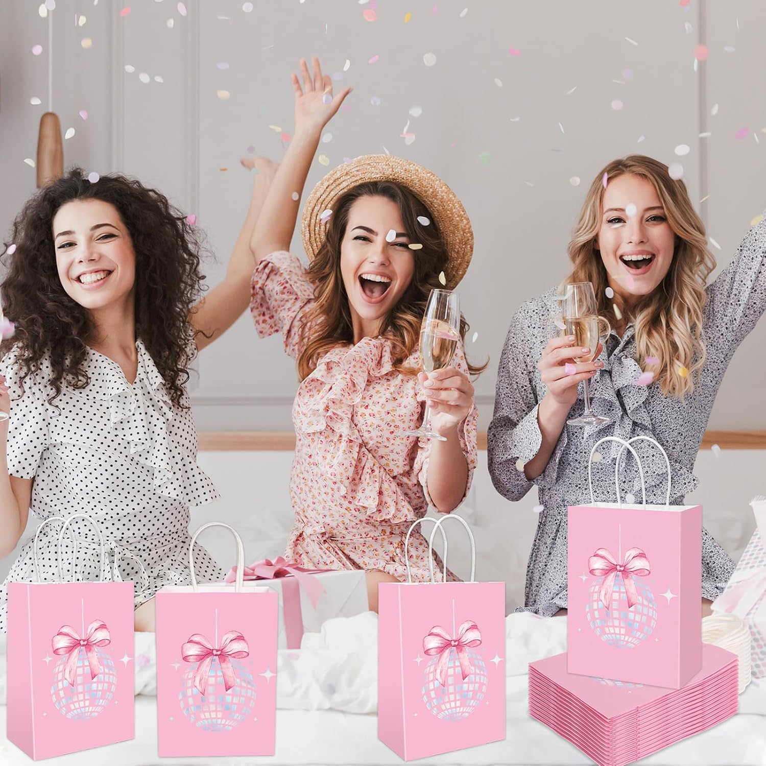 FYSUIMU 16Pcs Disco Ball Bow Paper Gift Bag Pink Laser Candy Bag with Handle Holographic Goody Treat Bags for Bachelorette Bridesmaid Party Favor Supplies, 5.9 x 8.3 x 3.1 Inch - Image 7
