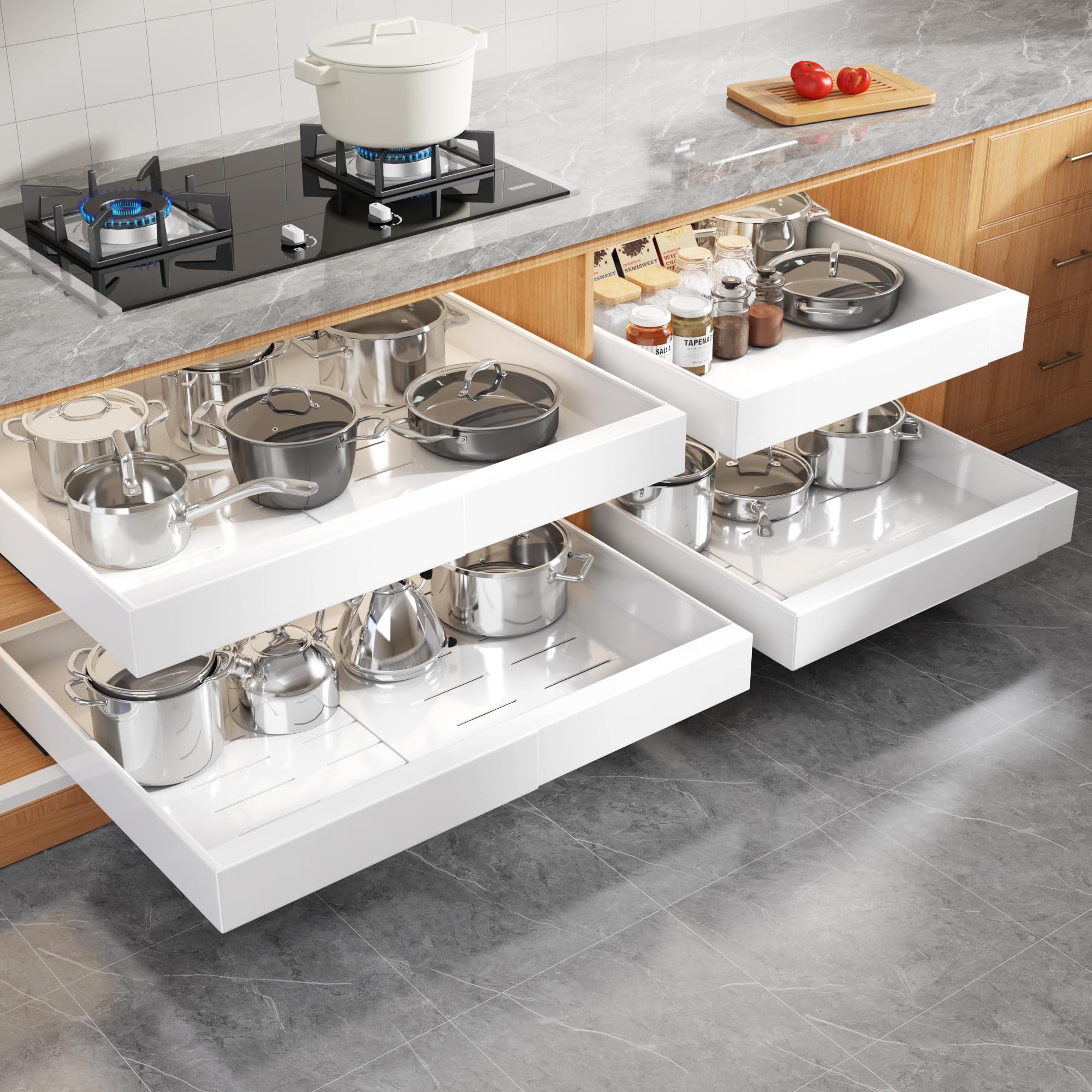 4 Pack Expandable Width (15.15"-26.3") Pull Out Cabinet Organizer 21" Deep with Raising Pad for Framed Cabinets, Upgrade 3 Slide Rails Slide Out Drawers, Roll Out Shelves Adhesive, White