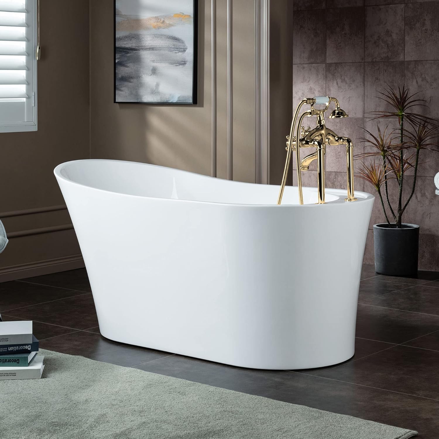 WOODBRIDGE Wall Deck Mount Clawfoot Bathtub Faucet with 3 Metal Cross Handles and Telephone Style Hand Shower and Porcelain Handle, Polished Gold Finish