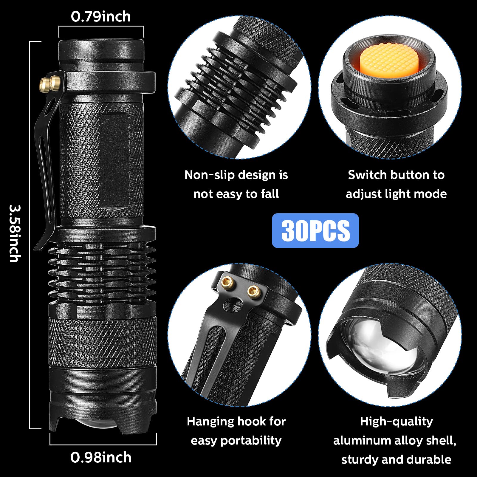 Tujoe Paquete de 30 mini linternas LED de 260 lúmenes, linterna táctica de bolsillo, enfoque ajustable, zoom Sk68, 3 modos, linterna LED pequeña de mano para emergencia, camping, senderismo, viajes