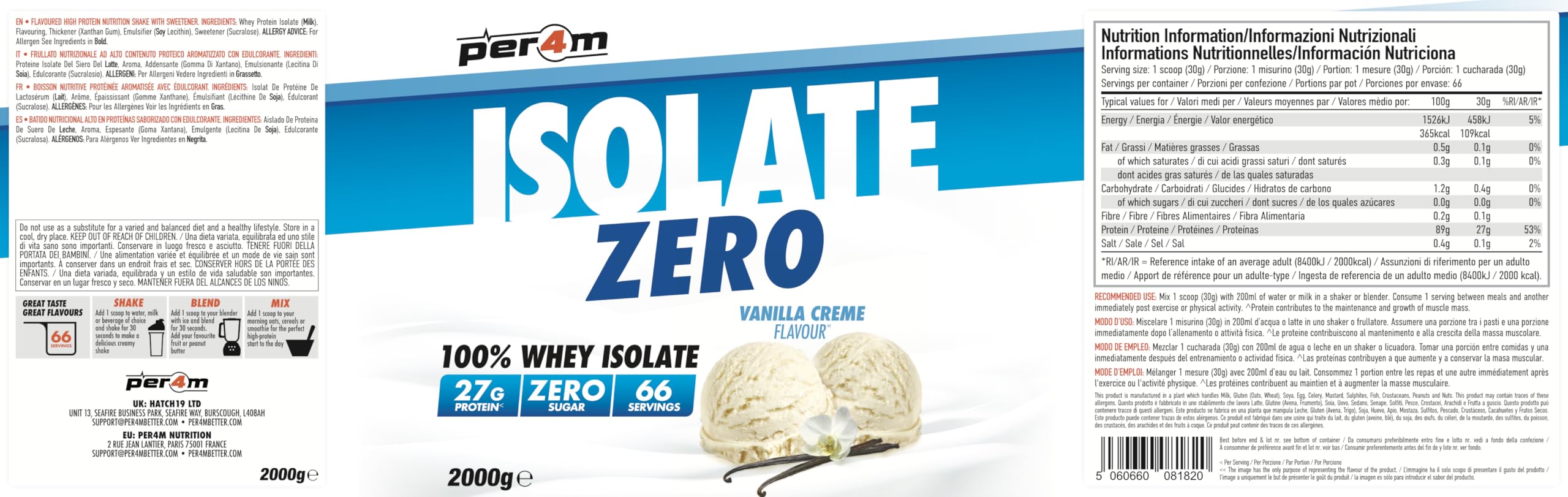 Per4m Isolate Zero, hochreines Proteinisolat, maximaler Proteingehalt bei minimalem Fett & Zucker, laktosereduziert & gut verträglich, für Kraft & Schnelligkeit täglich – Vanille-Creme – 2kg