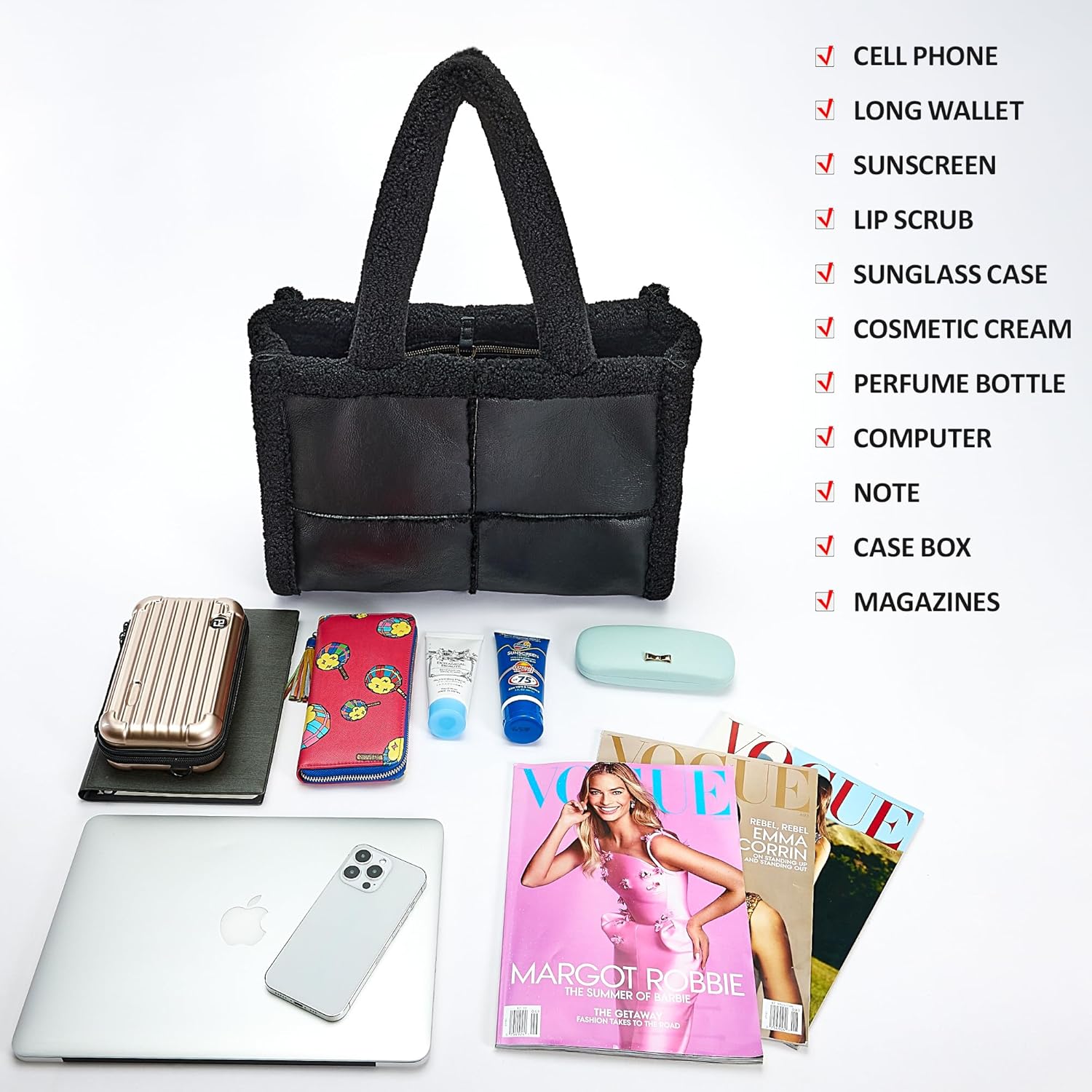 Like Dreams Large Sherpa Tote Bag, Inner Pocket Vegan Leather, Large Tote Hand bags for Women, Fashion Winter Purse - Image 5