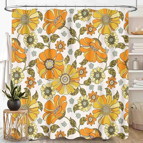 Miniatura 12 de Cortina de ducha con diseño floral hippie, estilo retro de los años 70, diseño de margaritas naranjas, bonitas, estéticas, bohemias, divertidas,