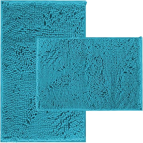 Juego de 2 tapetes de baño de color verde azulado para baño, juego de 2 tapetes de baño antideslizantes, alfombras peludas absorbentes, lavables a