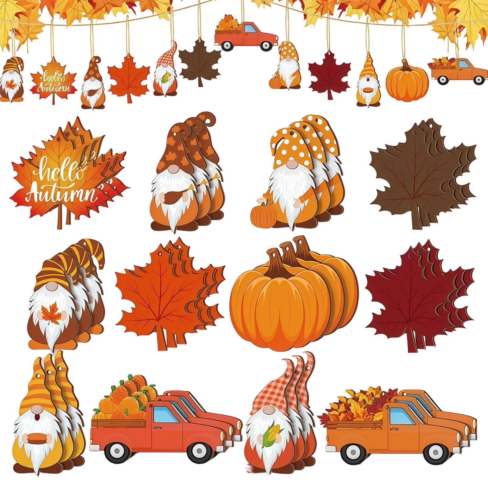 24 Piece Autumn Decorations, Wooden Autumn Tree Hanging Decorations Set