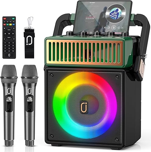 JYX Máquina de karaoke MS73 con 2 micrófonos inalámbricos, altavoz Bluetooth portátil para adultos, sistema de altavoces PA retro compatible con
