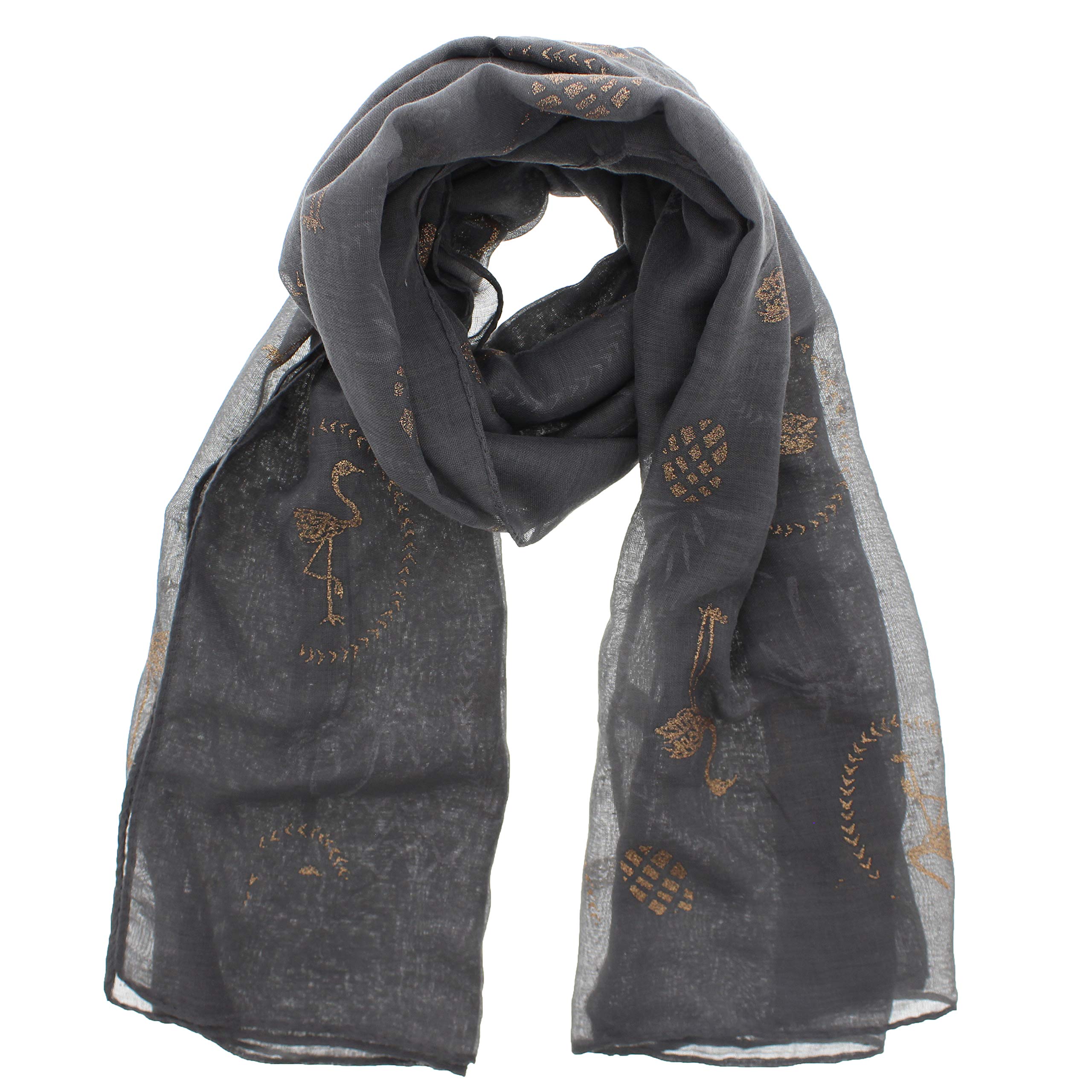Zac's Alter Ego Women's Grey Scarf With Gold Glitter Flamingo & Pineapple Print