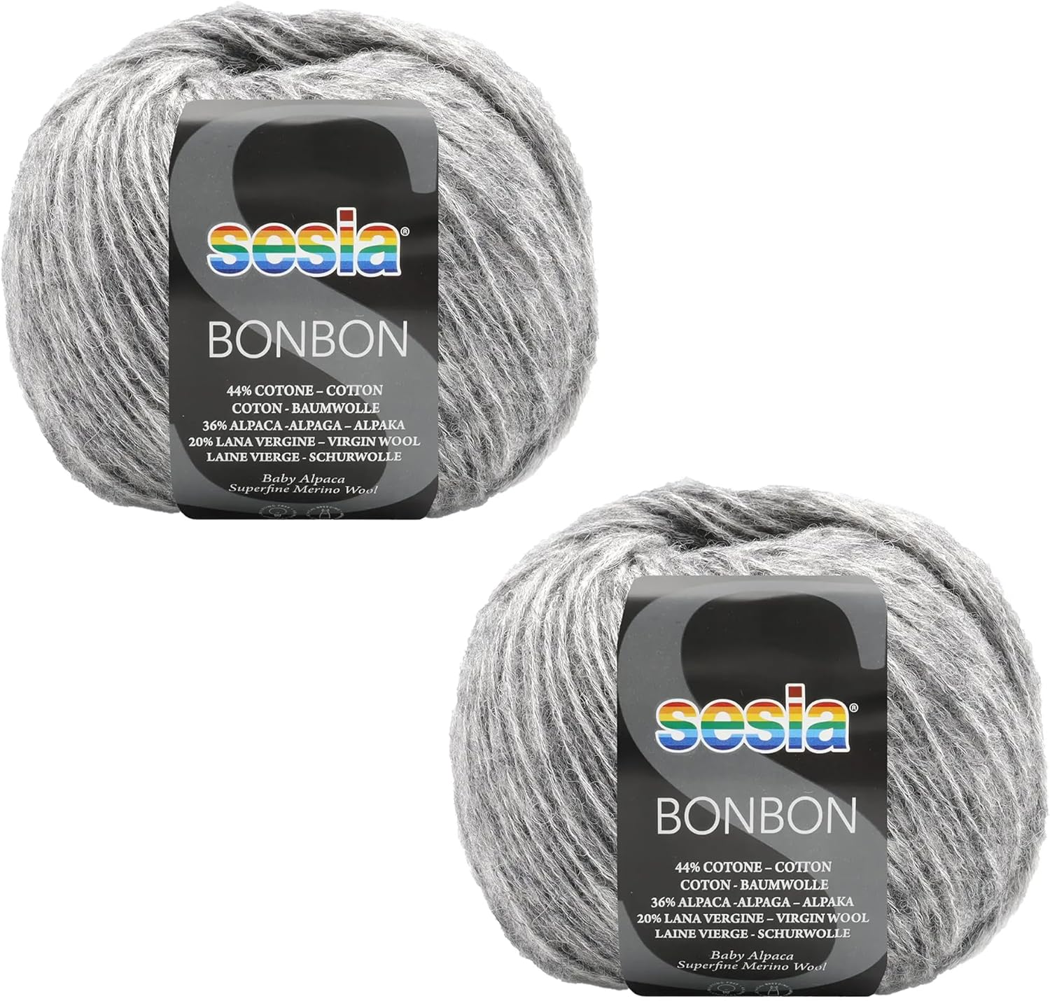 2 Skeins, Baby Alpaca, Superfine Merino Wool, Cotton, 458 Yds/3.5 oz., Needles US 6-7, Sesia Bon Bon (2, Gray - 0461)
