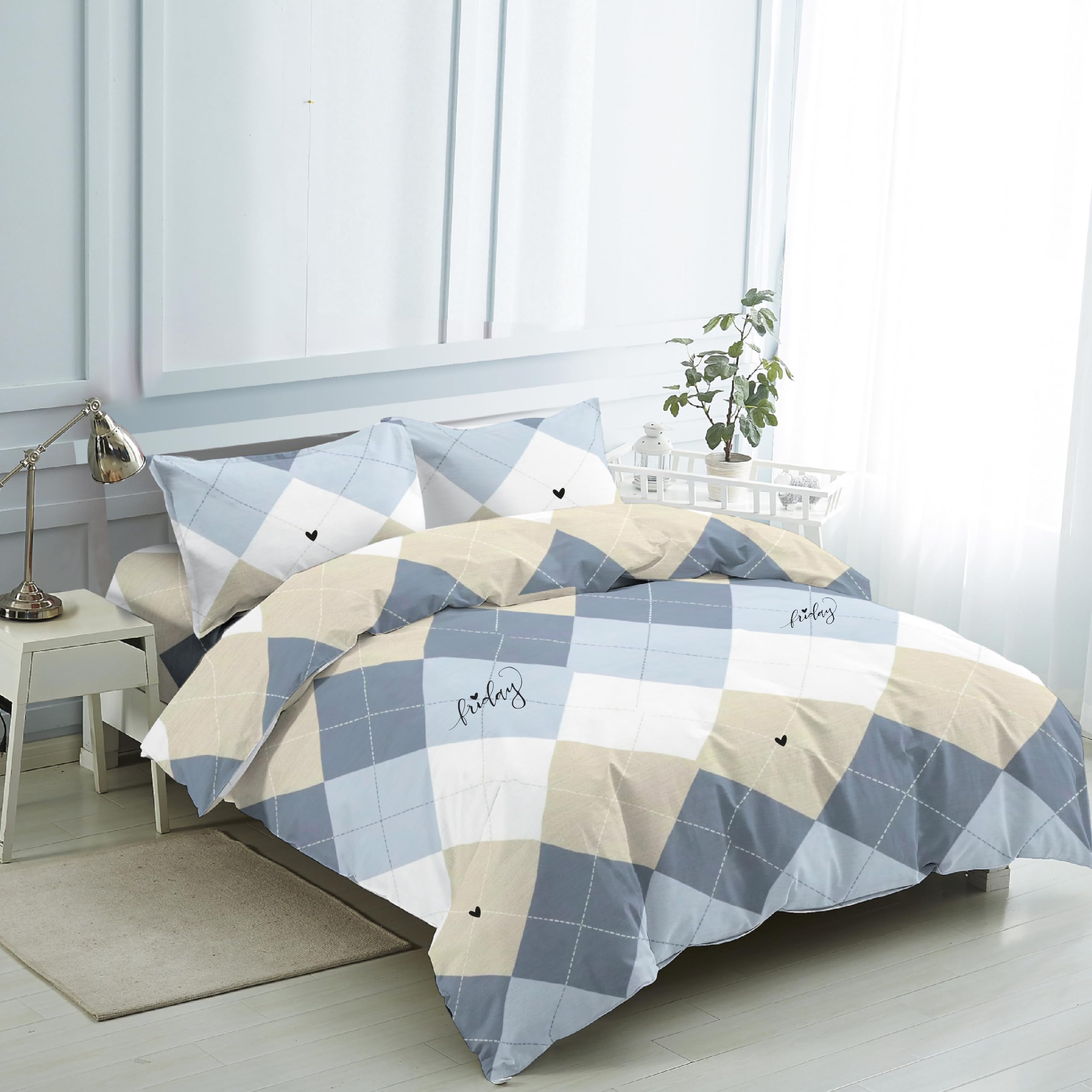 Juego de Funda Nórdica 3 Piezas Cama 90 Microfibra Suave Transpirable - 1 Funda Edredón 150x220 cm, 1 Bajera 90x200+28 cm y 1 Funda Almohada 50x110 cm (Cuadro Azul y Beige)