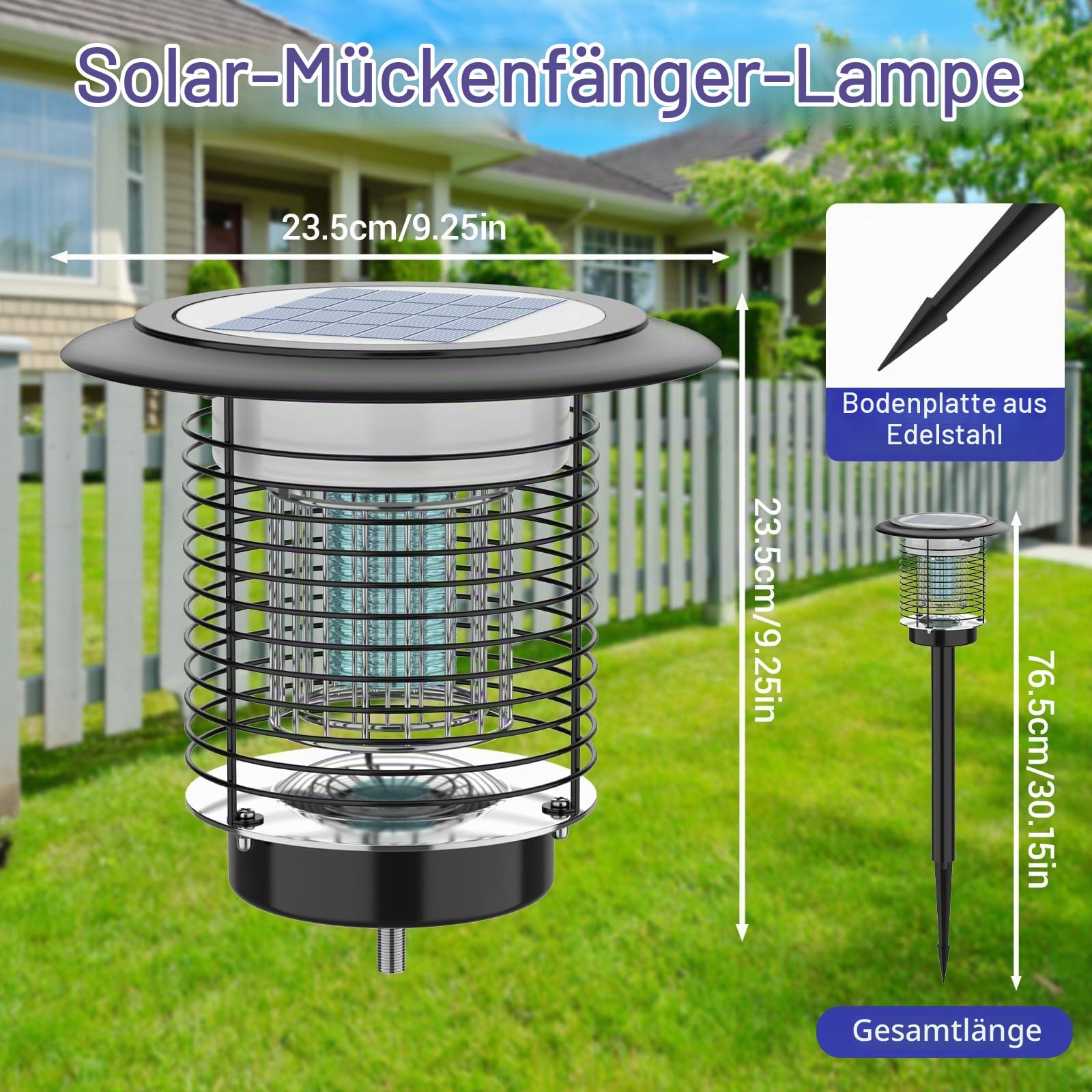 Solar Mückenlampe 2-in-1 – 3500V Hochspannung, 4400mAh Akku, 150㎡ Abdeckung – IPX5 Wassergeschützt & UV-Licht – Effektiver Insektenvernichter mit Gartenbeleuchtung – Für Terrasse, Garten, Camping