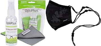OptiPlus Anti-Fog Streak-Free Lens Cleaning Spray and Dual Microfiber Cloth and Croakies Washable 3 Ply Reusable Face Mask & Retainer Combo with Bamboo Barrier