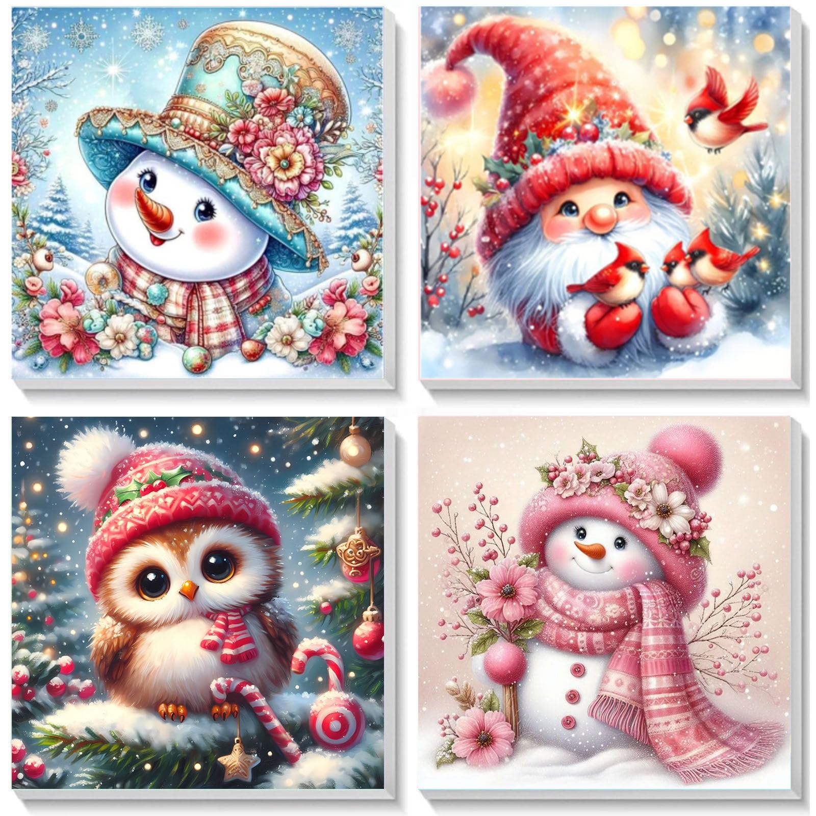 4 Pack Christmas Paint by Number for Kids with Wooden Frame, Paint by Numbers for Kids Xmas Ages 4-8-12, Easy Gnome Snowmen Owl DIY Acrylic Oil