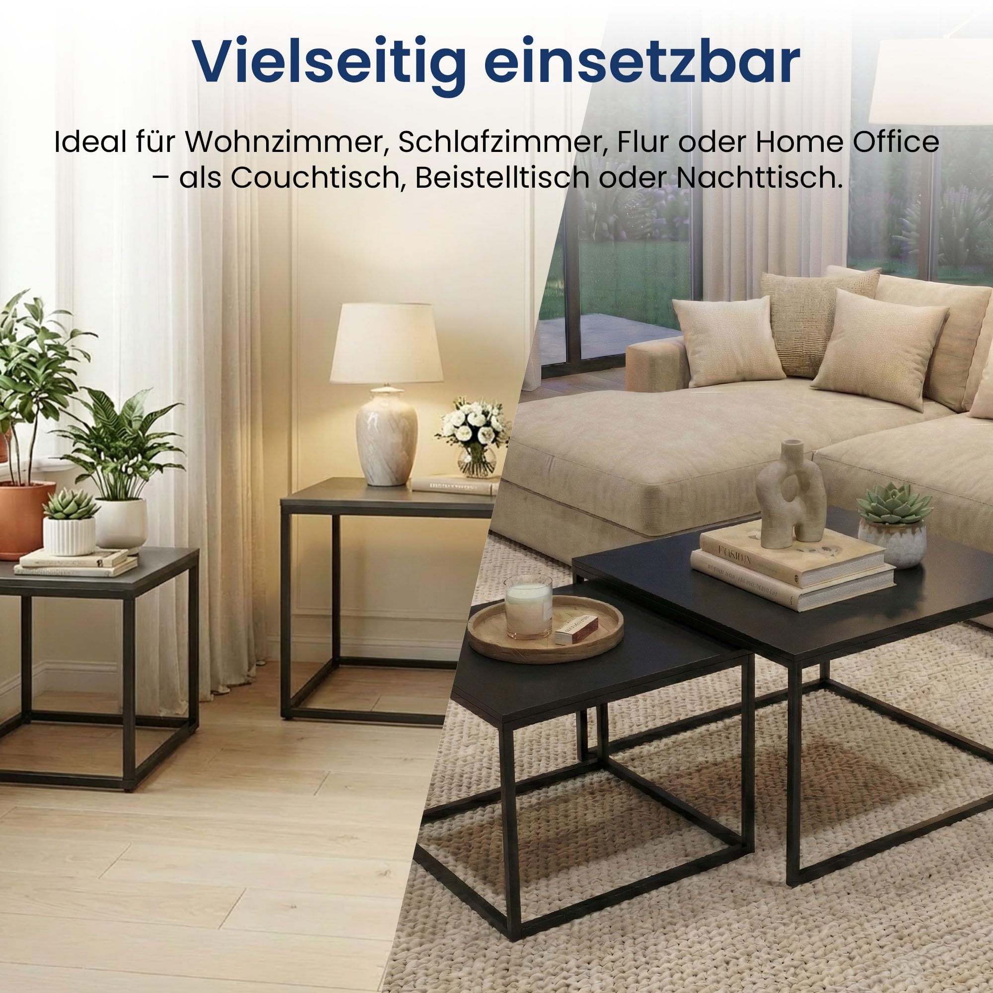 Home Collective Couchtisch 2er Set quadratisch aus Holz, Wohnzimmertisch Modern, Beistelltisch Set 2 in 1 mit Metallgestell für Wohnzimmer Büro Beistelltisch Loft Design Twin | Schwarz