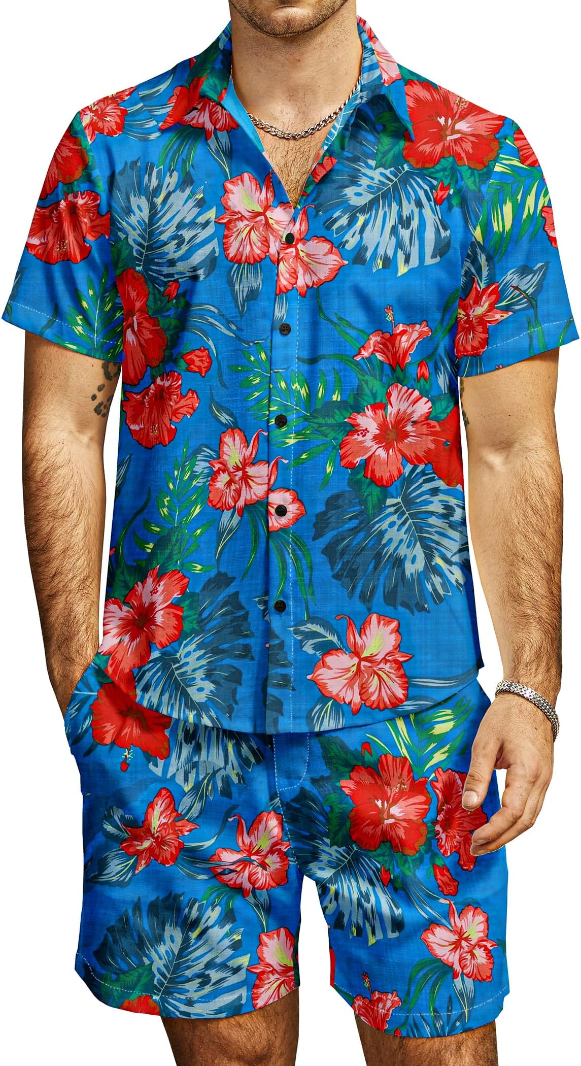 JOGAL Men's Flower Casual Button Down Short Sleeve Hawaiian Shirt Suits