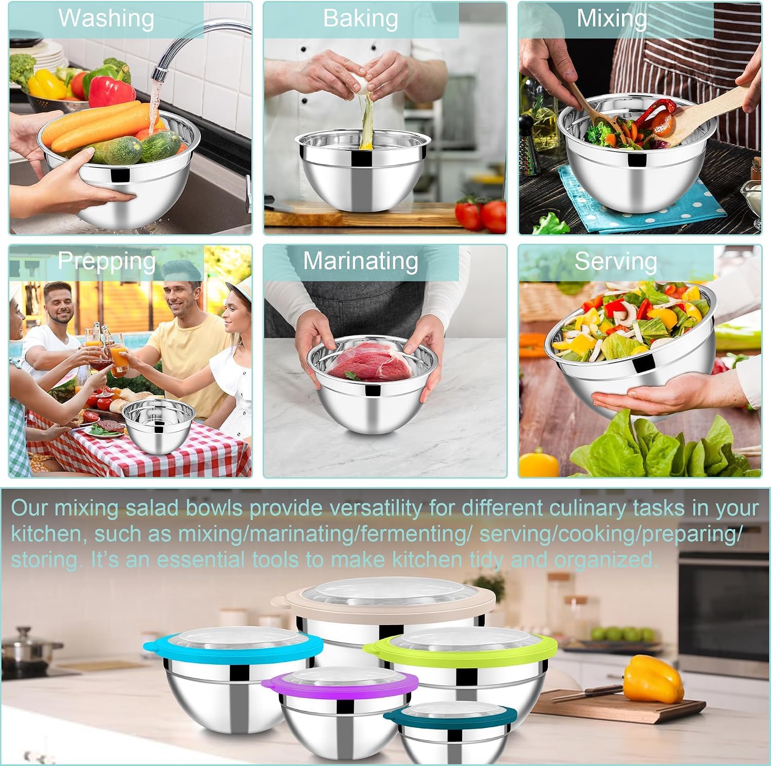 Joyfair Rührschüsseln, 5 Stück, Edelstahl, ineinander stapelbare Salatschüssel mit luftdichten, transparenten Deckeln, Metallschüssel-Set, ideal für Küche, Mischen, Backen, Servieren, Aufbewahren