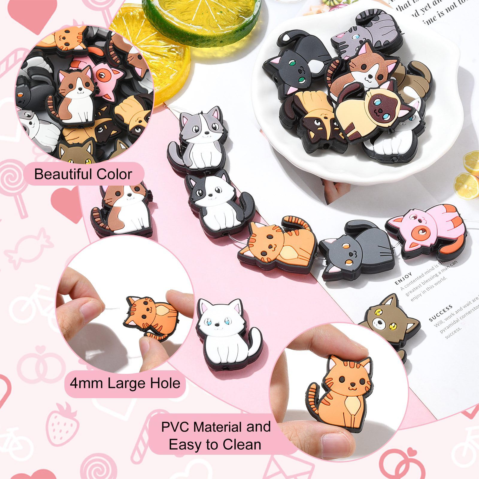 UR URLIFEHALL 24 Pcs 12 Styles Colourful PVC Plastic Cat Beads Cute Kitten Beads Pet Animal Loose Beads for Jewellery Making Crafts Home Decor - Image 3