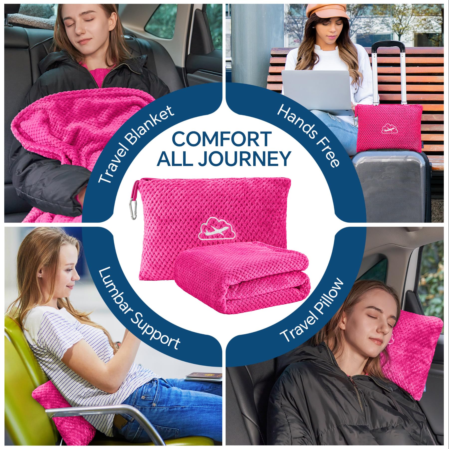 BEDELITE Travel Blanket with Bag, Jacquard Fleece Blanket 65"x40", Hot Pink view 4