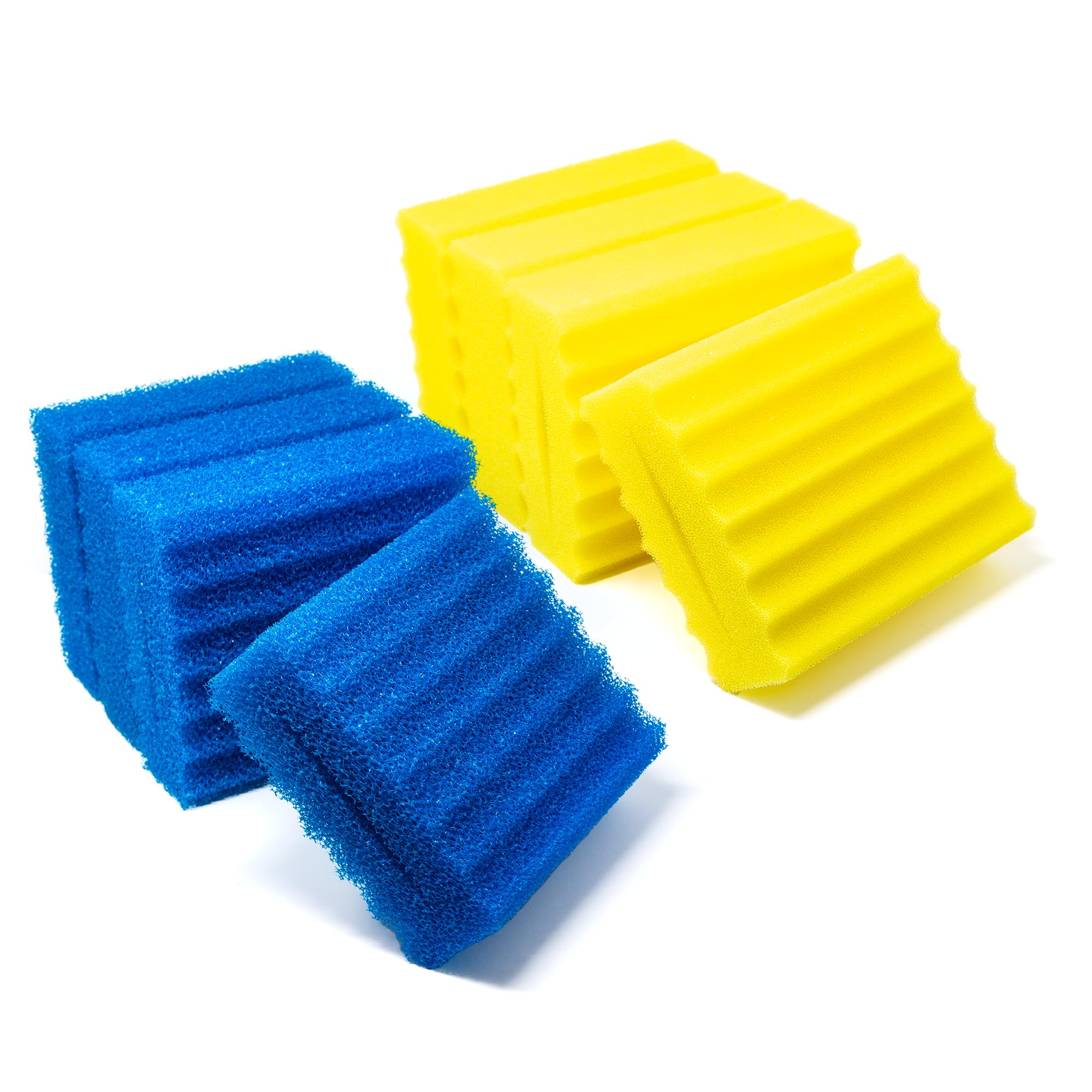 Pondlife Teichfilter Schwämme, Filterschwamm-Set für Teichfilter, 4x Gelb (Fein), 4x Blau (Grob), kompatibel mit SunSun CBF 350 und Osaga Kammerfilter, offenporiger Schaumstoff