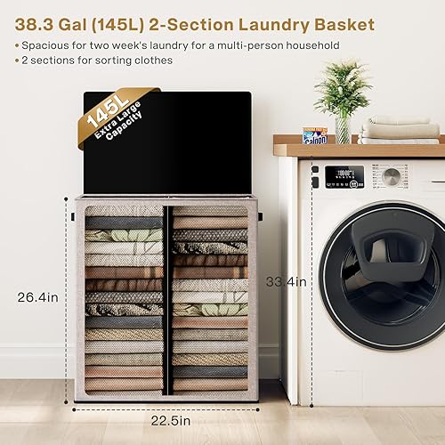 Miniatura 2 de SOLEDI Cesta de lavandería doble de 145L con tapa, cesta de lavandería de 2 secciones, cesta de ropa sucia plegable con bolsa interior resistente,