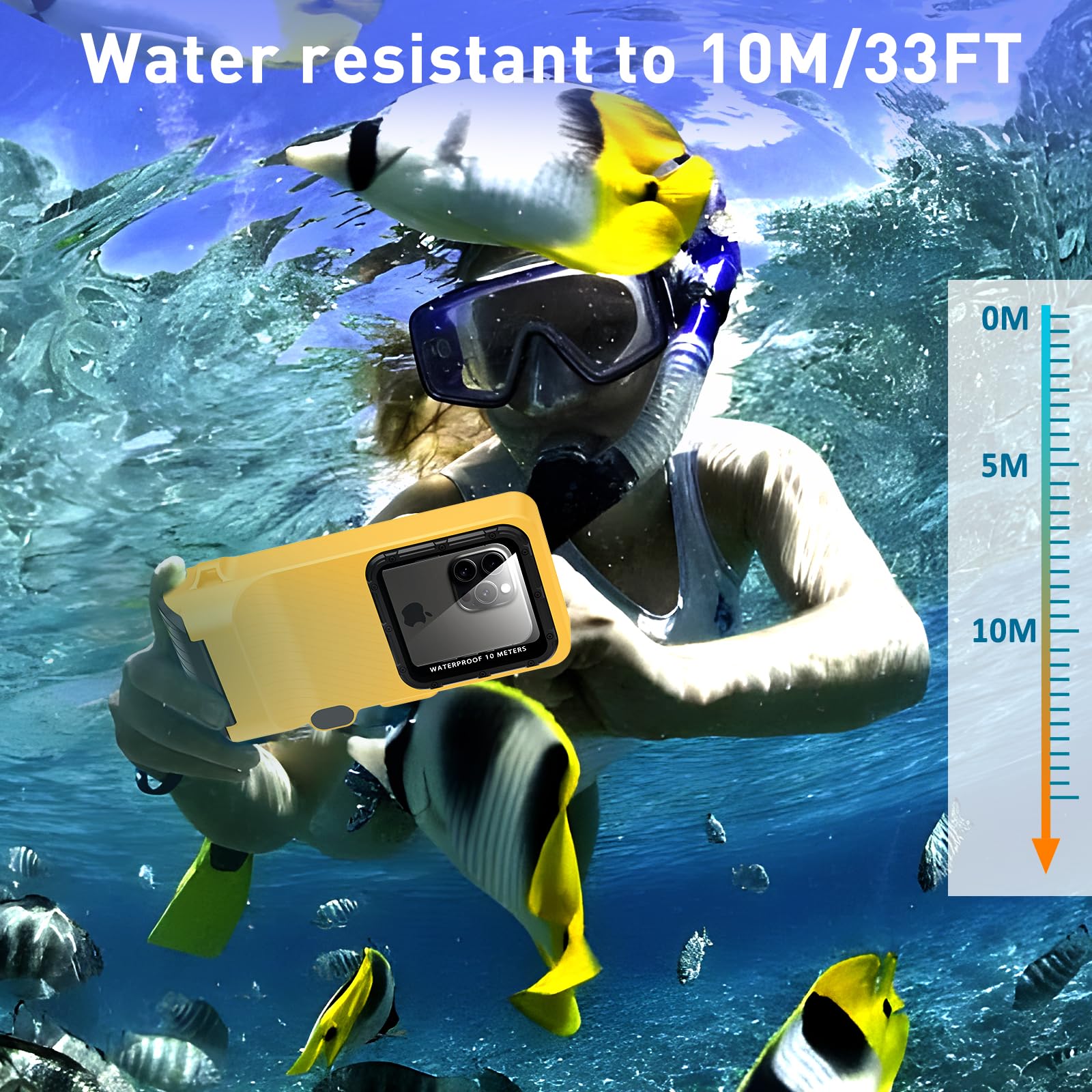 Funda universal impermeable para teléfono con pantalla táctil subacuática para esnórquel, IP68 buceo profesional bajo el agua [15 pies] funda para iPhone 15 14 13 12 11 Pro Max Plus XS XR (amarillo,