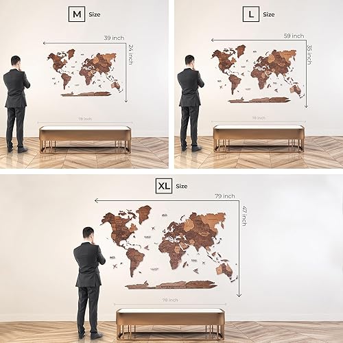 Miniatura 4 de AWESOMETIK Mapa del mundo de madera 3D de roble, mapa del mundo 3D, fácil instalación con cinta de doble cara, incluye complementos, madera