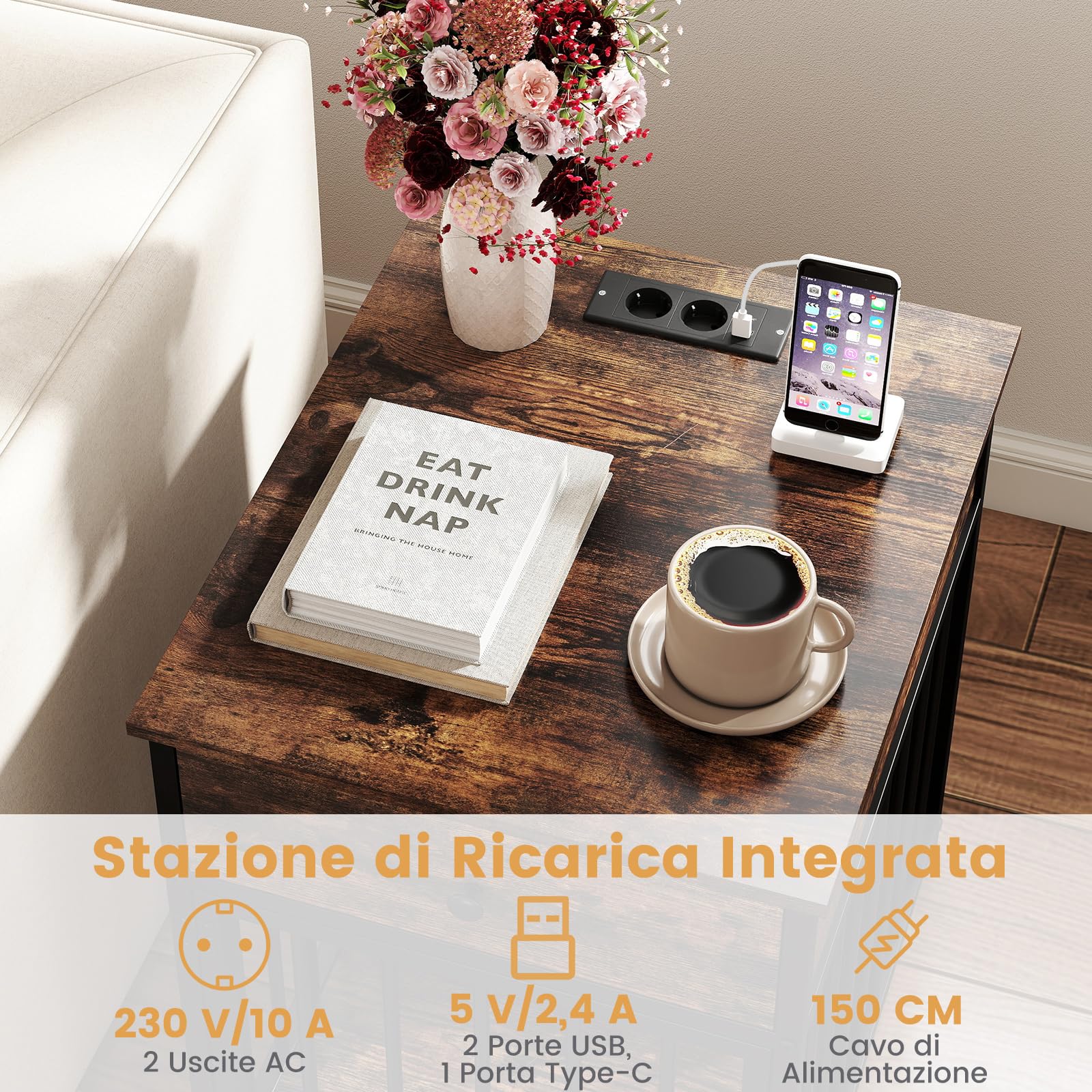 COSTWAY Gabbia per Cani con Stazione di Ricarica e Armadietto Multiuso | Cuccia per Cani in Legno con 2 Prese AC, 2 Porte USB e 1 Porta Type-C, Cassetto e Tubi Metallici, 81 x 37 x 115 cm