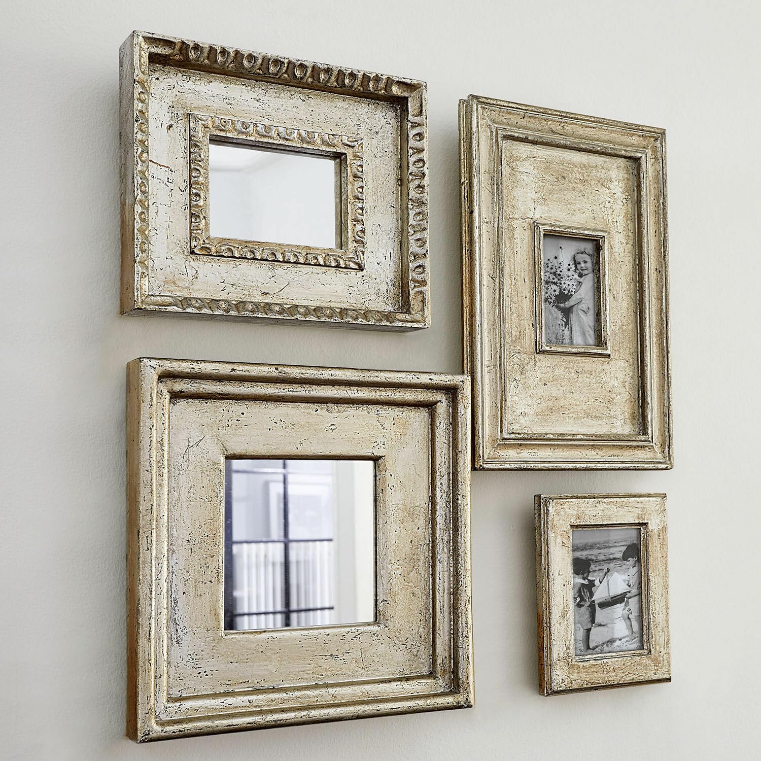 Loberon Bilderrahmen 4er Set Holny, antiksilber | Unterschiedliche Rahmen-Designs, Nostalgischer Charme, Wandschmuck, Wanddekoration, Mangoholz, Spiegelglas