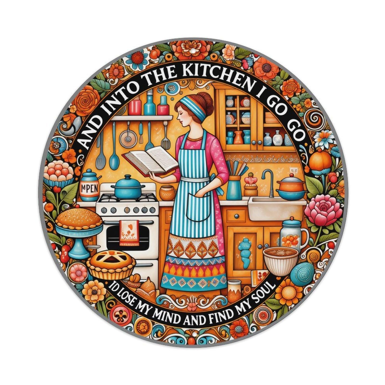 Colorful Kitchen Scene With Woman Cooking Round Tin Sign Vintage Metal Poster, Home Bar Garage Man Cave Cafe Indoor & Outdoor Wall Decoration 8x8Inches