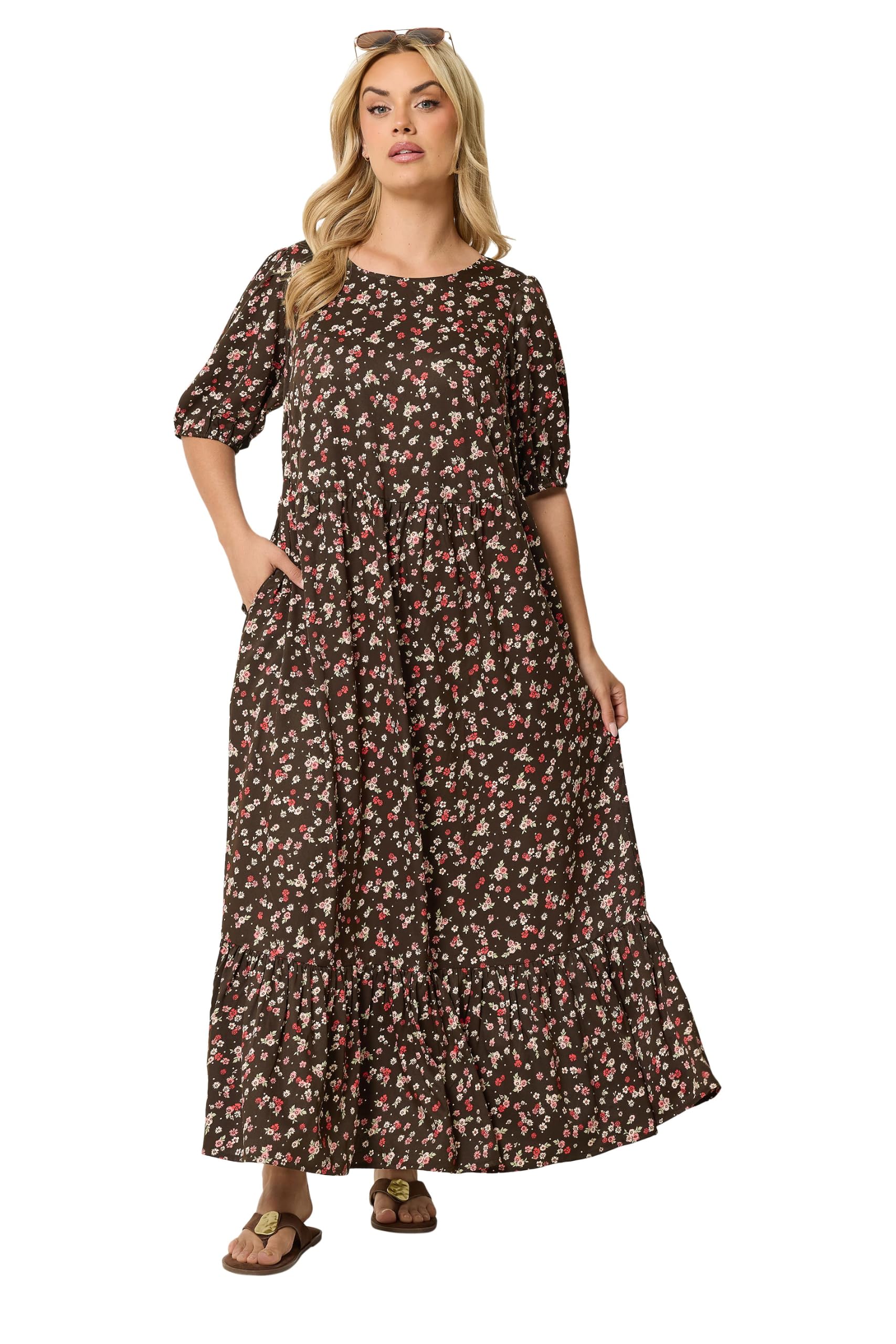 Yours Women's Brown Ditsy Floral Smock Maxi Dress In Size 26-28