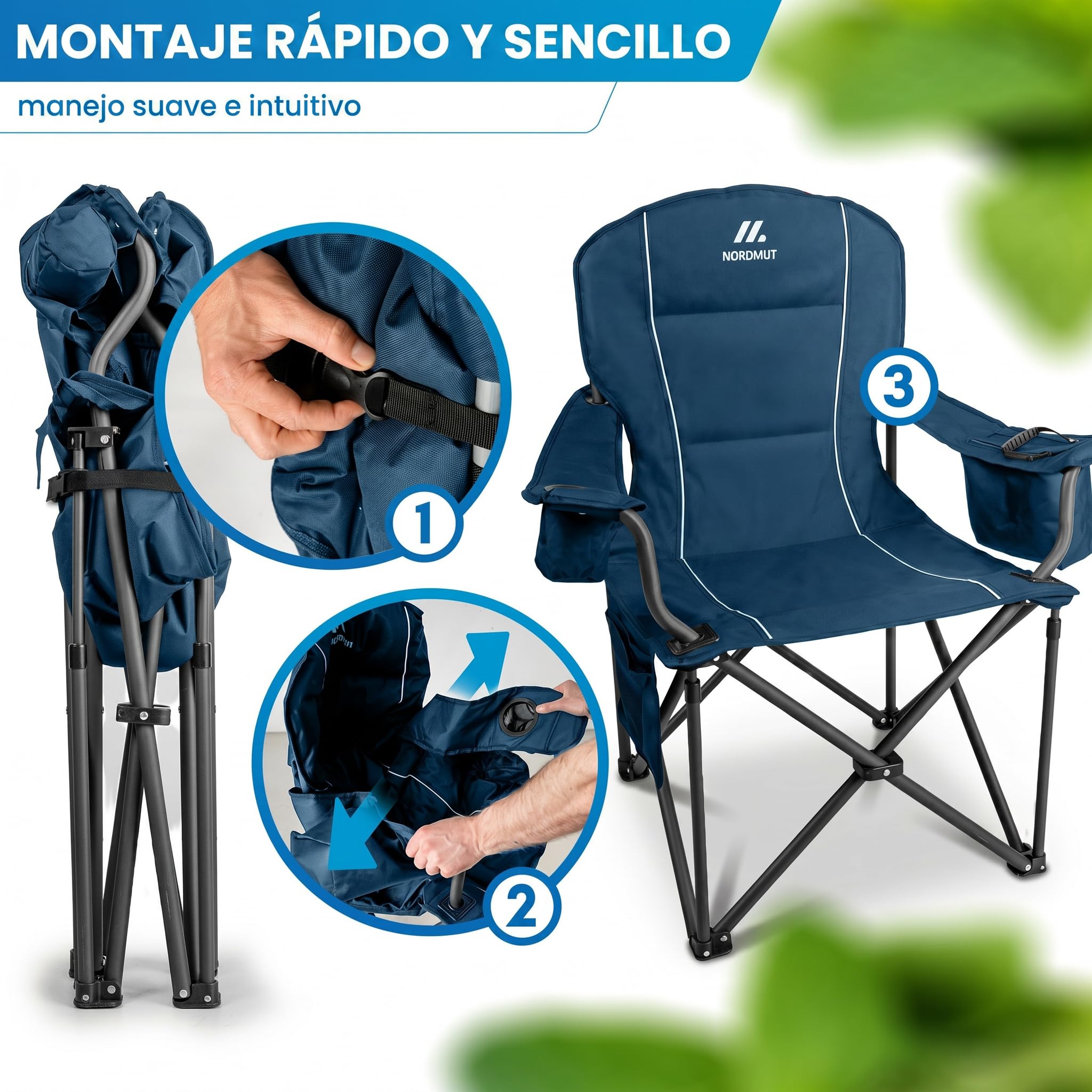 NORDMUT® Silla de Camping Plegable Ligera – Resistente con Capacidad de 200 kg – Cómoda Silla de Pesca con Bolsa térmica práctica y portavasos (Azul 1x)