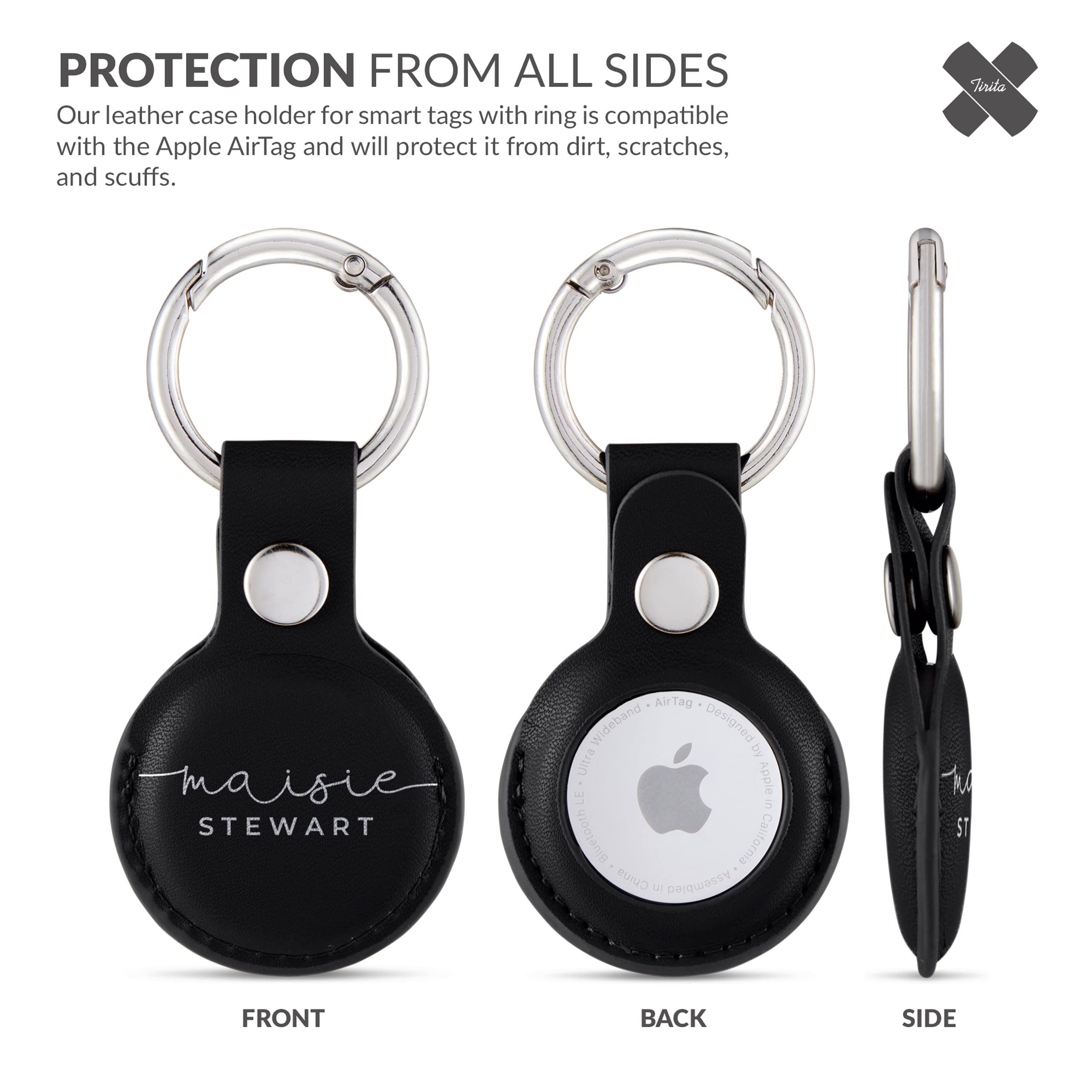 Tirita Personalised Case Keyring Holder Compatible with Apple AirTag 1 & 2 - Leather Case with Key Ring for Apple Air Tag [01- Name Handwritten on Black] — view 3