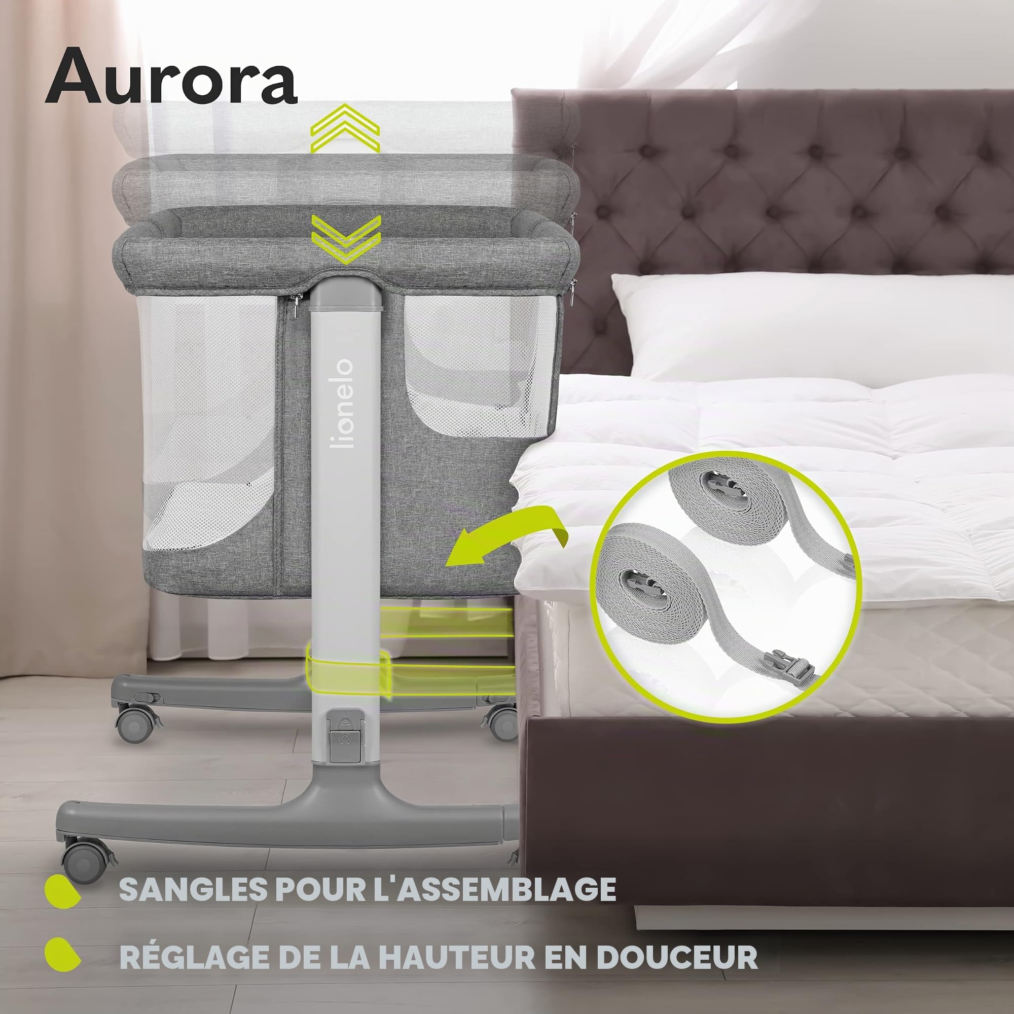 lionelo Aurora Lit de Chevet 3 en 1 pour bébé de la Naissance à 9 kg, Hauteur et Inclinaison réglables, Matelas, 4 Roues verrouillables, Panneaux en Maille Respirante, Portable, Lavable, Sac de