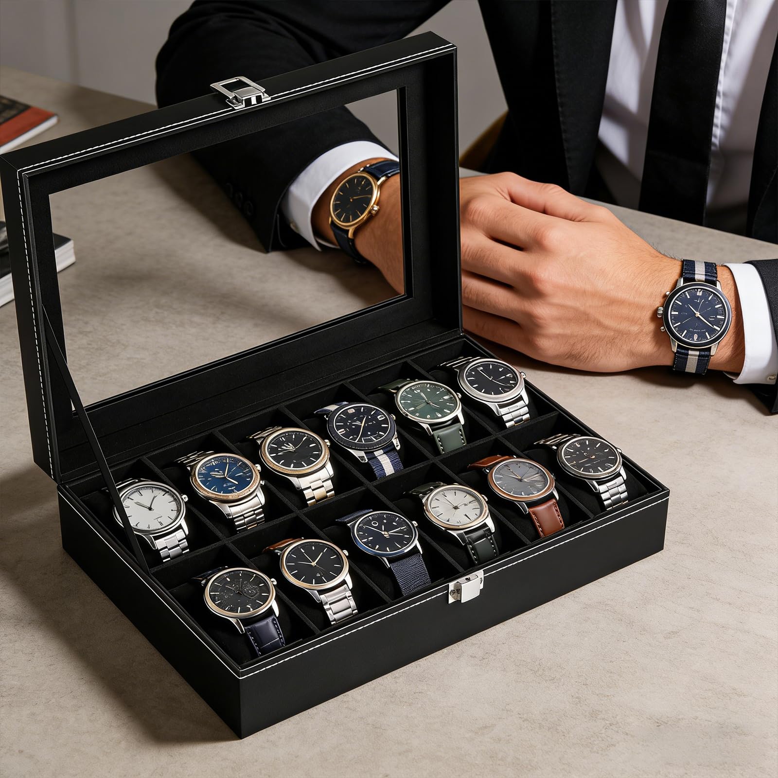 Boîte à Montres à 12 Emplacements,Présentoir à Montres,Boite Rangement Montre,Coffret à Montres avec Couvercle en Verre,Coussinets Amovibles,Cadeaux de Noël pour hommes et femmes