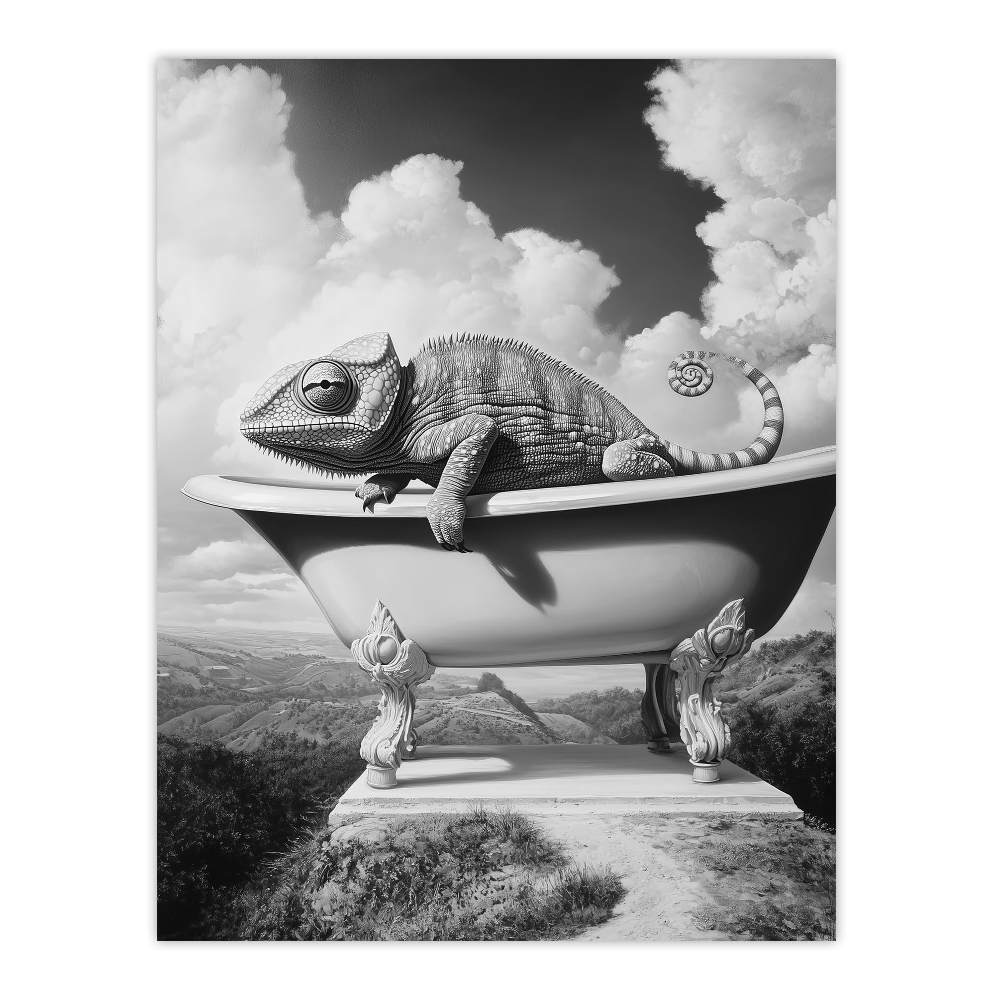Artery8 Large Chameleon in Bathtub Black White Surreal Bathroom Toilet Extra Large XL Wall Art Poster Print