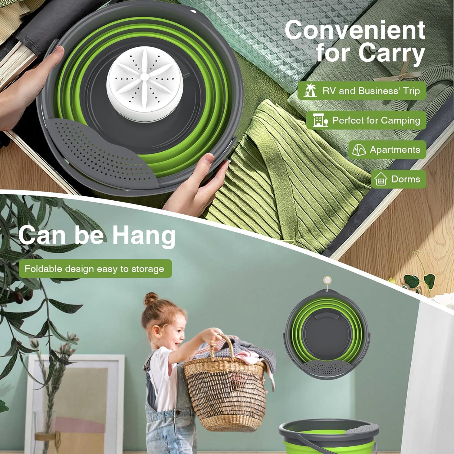 Portable Washing Machine,10L Mini Washing Machine Foldable Laundry Tub, Ultrasonic Turbine Bucket by USB Powered, Baby Clothes Washer for Home Travel Apartments Dorms Socks Underwear Bra-Green