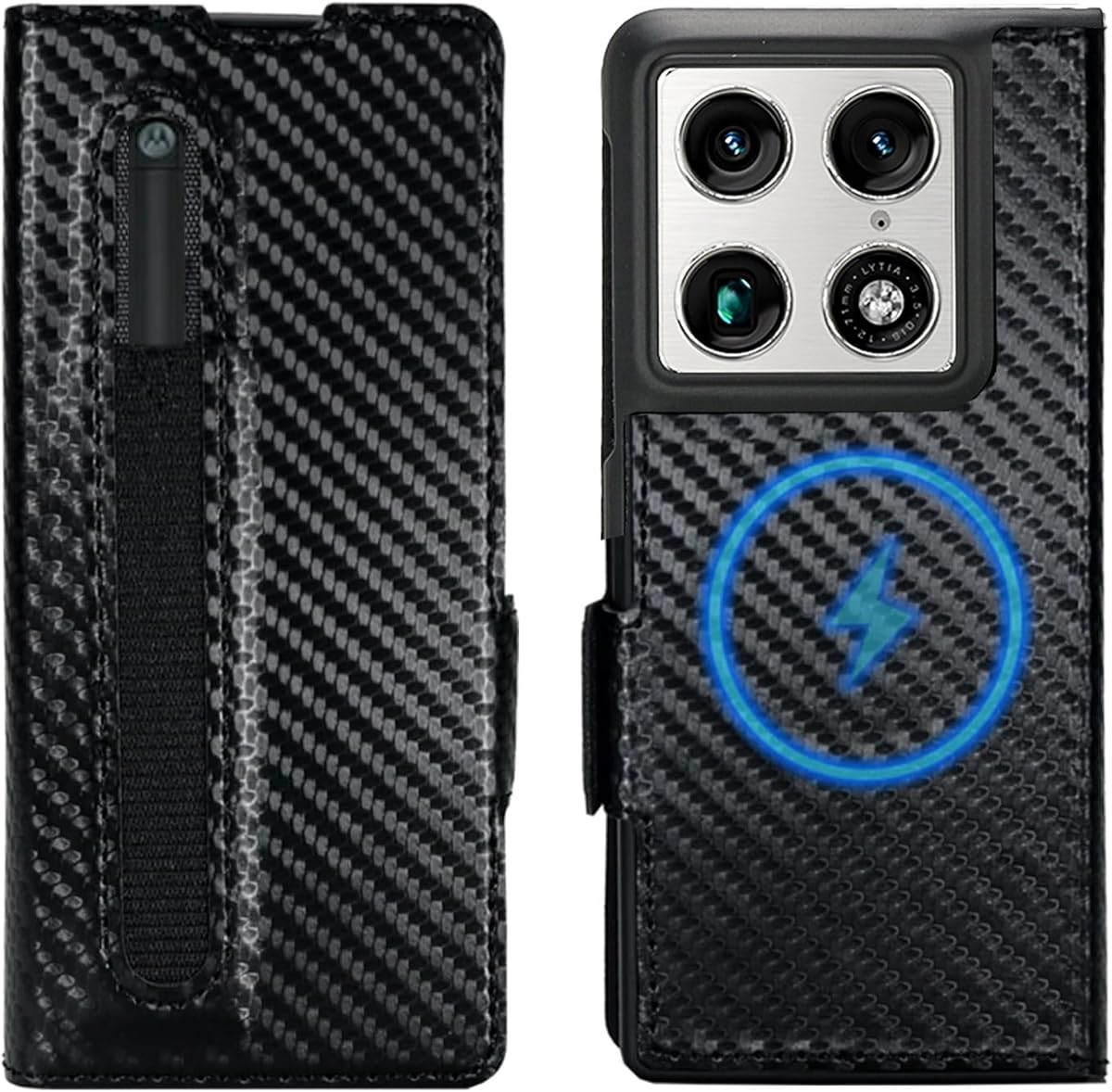 for Motorola Razr Fold Wallet Case with Moto Pen Ultra Holder, Strong Magnetic Compatible with MagSafe, Carbon Fiber Texture Leather, 3 Card Slots with RFID Block for Moto Razr Fold (Black, Razr Fold)