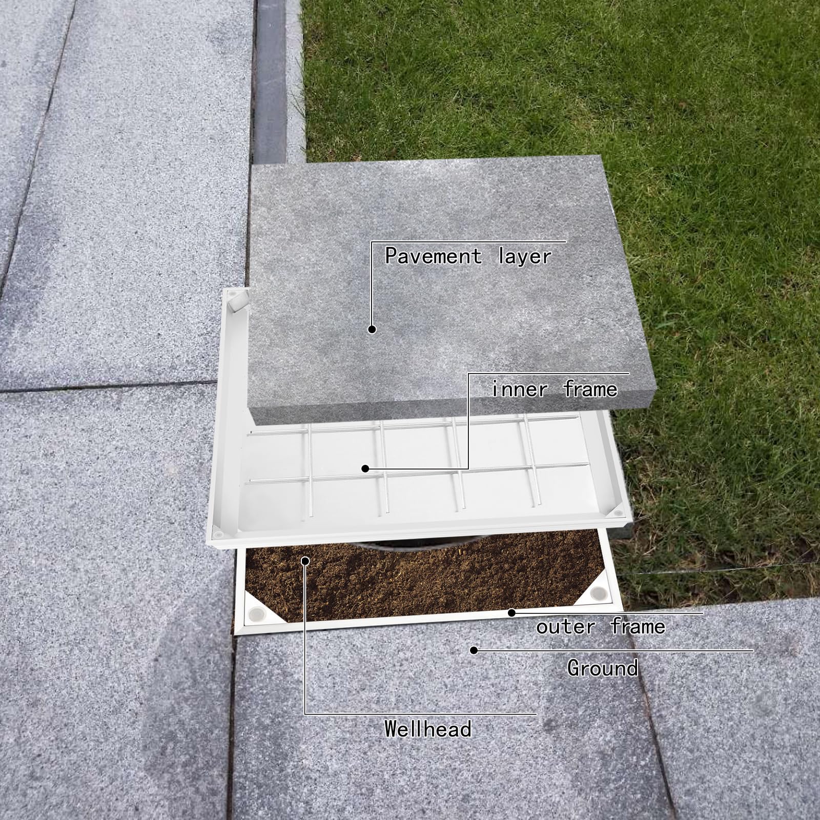 Manhole - Cubierta para alcantarilla (40 x 40 x 5,5 cm, aluminio, para jardines, aceras, plata)