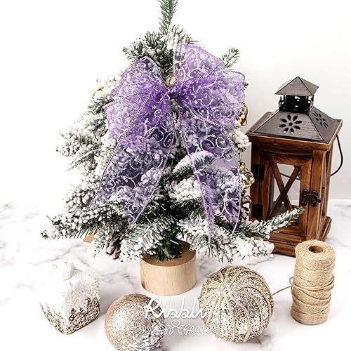 Miniatura 2 de Ribbli - Cinta con brillantina y con alambre, cinta de organza púrpura con patrón de espiral de brillantina plateada y borde metálico plateado, 2-12