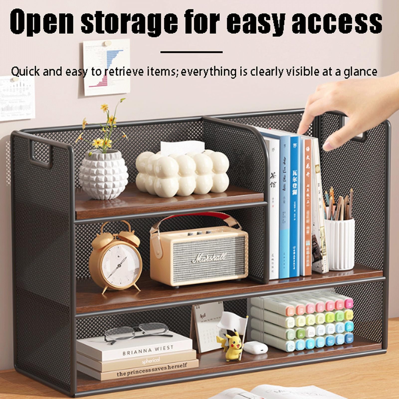 Organizzatore di Carta per Lettere in Rete Metallica, Organizer Scrivania in legno con maniglia, Supporto Rack Archiviazione per Ufficio,Casa Scuola(Natural wood,C)