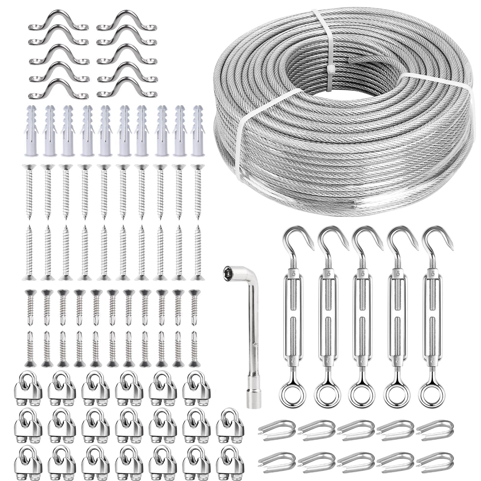 Drahtseil 5mm, 50M Stahlseil ummantelt verzinkt mit Drahtseilklemme, M5 Seilspanner Edelstahl, Spanndraht für Garten, Wäscheleine, Lichter Hängen, Gardinen Seil, Zaun, Bilderaufhängen
