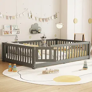 Full Size Montessori Floor Bed with Door, Slats and Fence, Gray