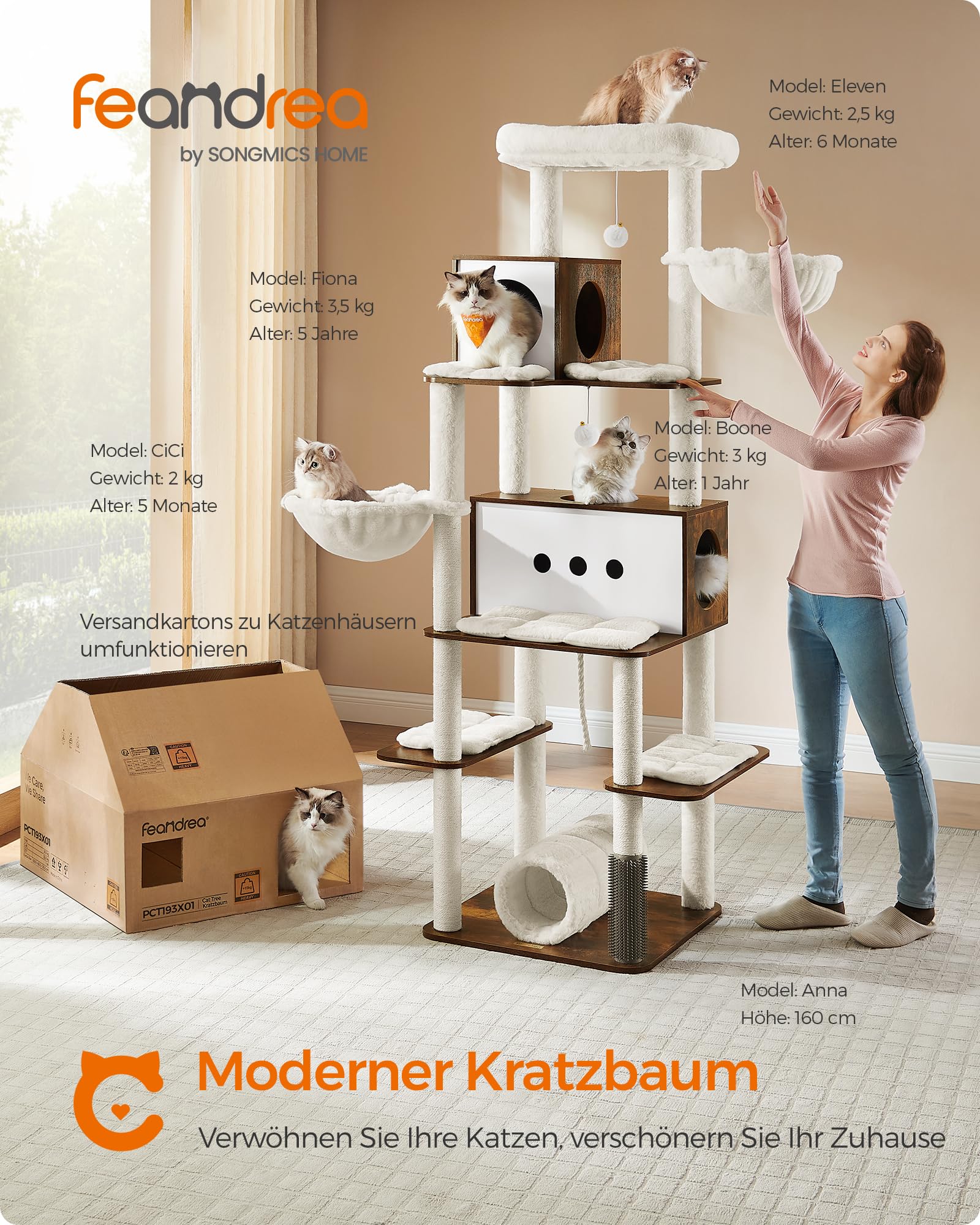 Feandrea Kratzbaum groß, 192 cm hoch, Katzenbaum XXL, modern, mehrstöckiges Katzenhaus mit 2 Höhlen, 2 Liegemulden, 4 Kratzstämmen, Katzenbürste, Tunnel, Plattformen, vintagebraun PCT193X01