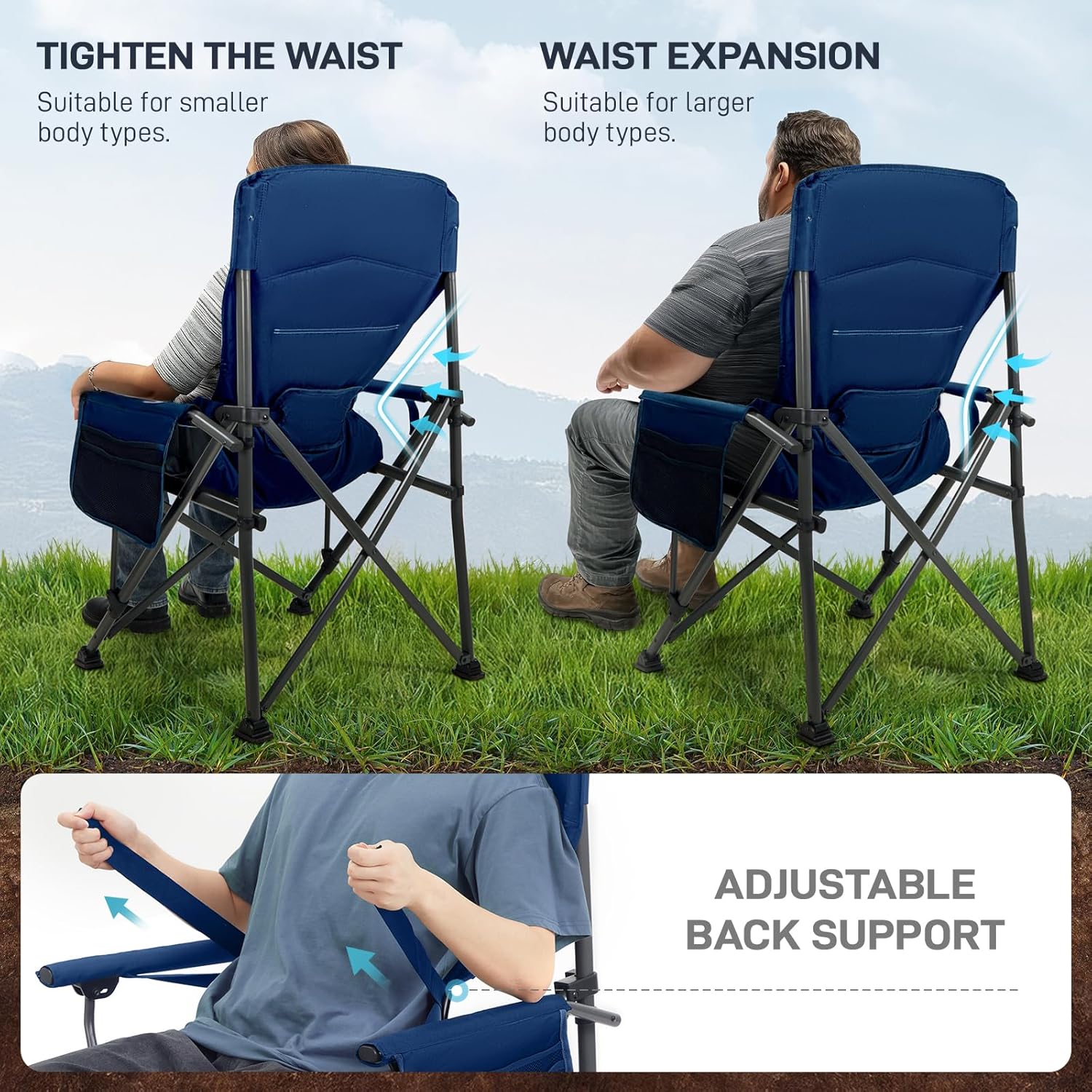 EVER ADVANCED Oversized Folding Camping Chair for Adults with Adjustable Lumbar Support, Heavy Duty Chair with Side Pockets, Portable Collapsible Quad Chair for Outside